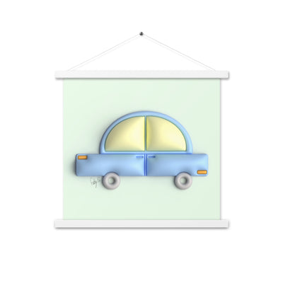 Blue car in green Poster with hangers