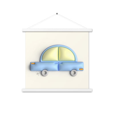 Blue car in yellow Poster with hangers