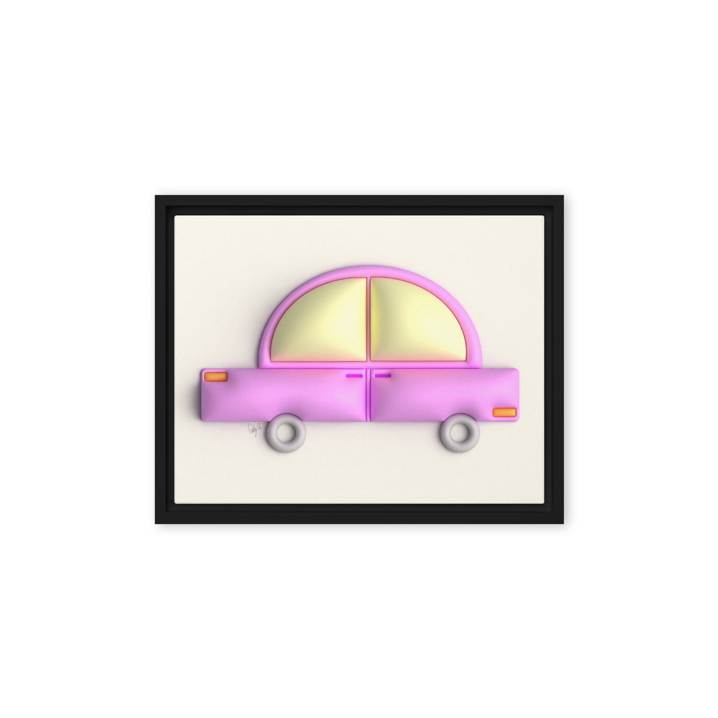 Pink car in yellow framed canvas