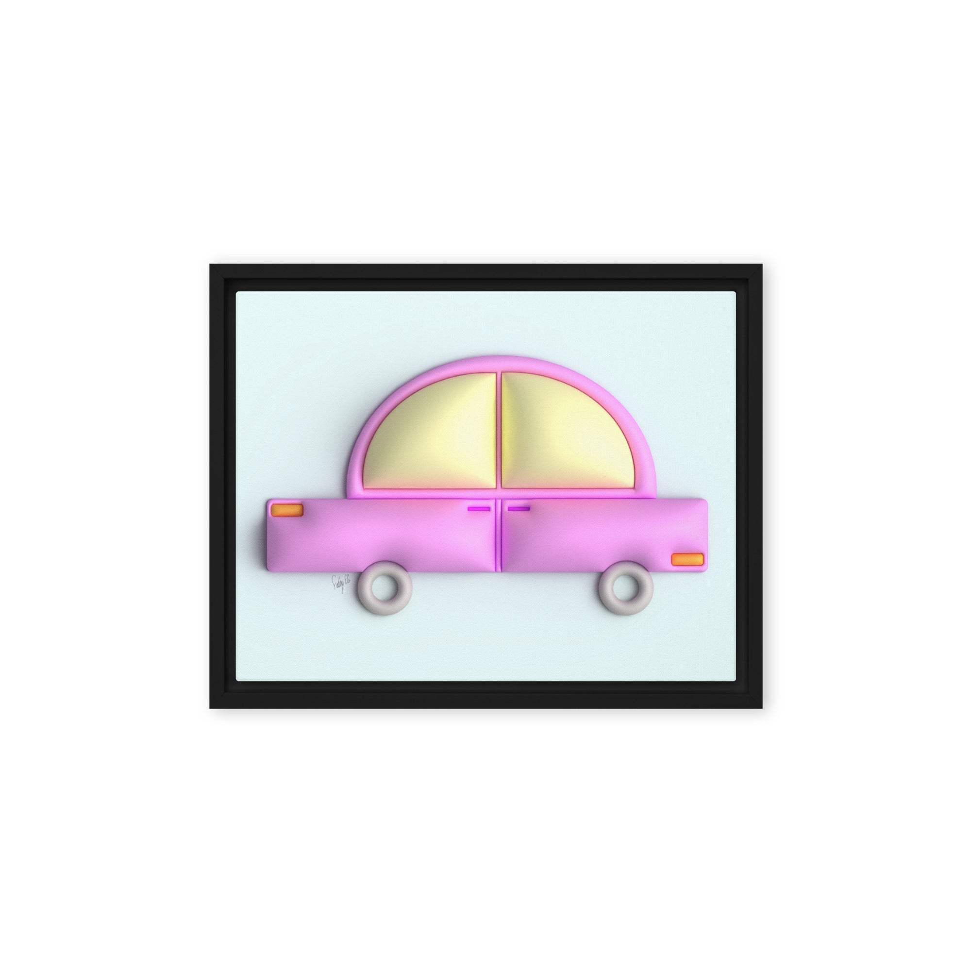 Pink car in blue framed canvas