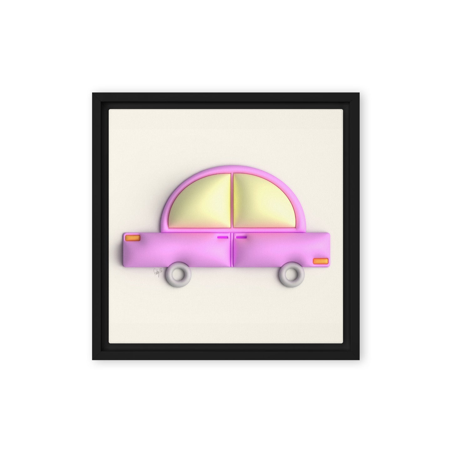 Pink car in yellow framed canvas