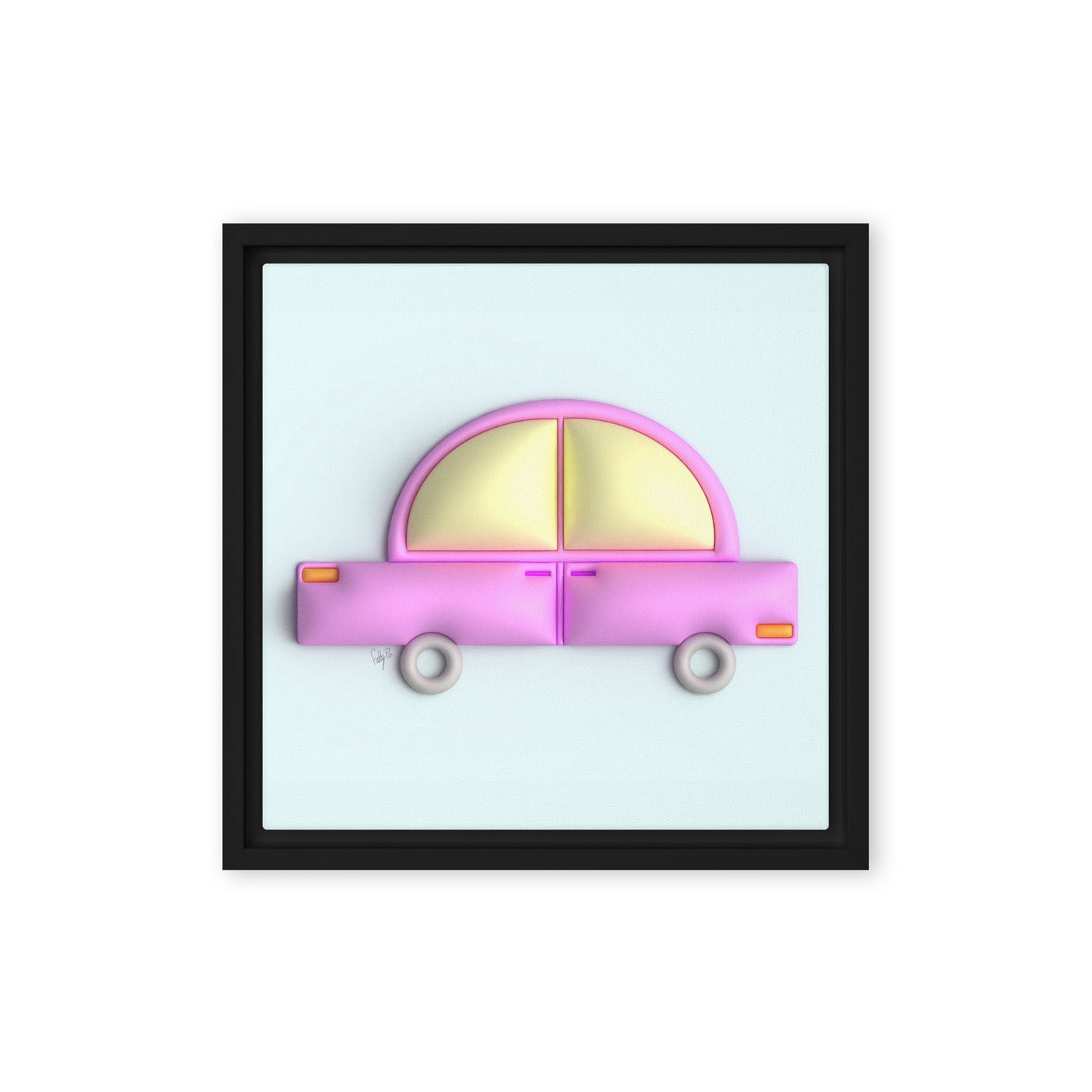 Pink car in blue framed canvas