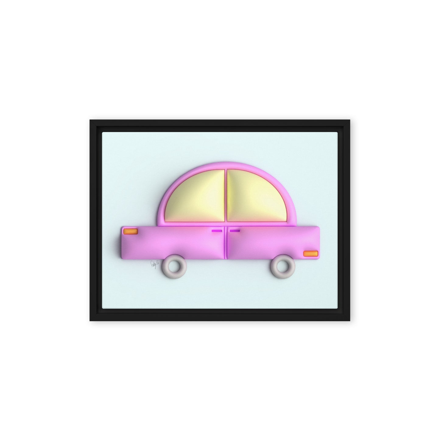 Pink car in blue framed canvas