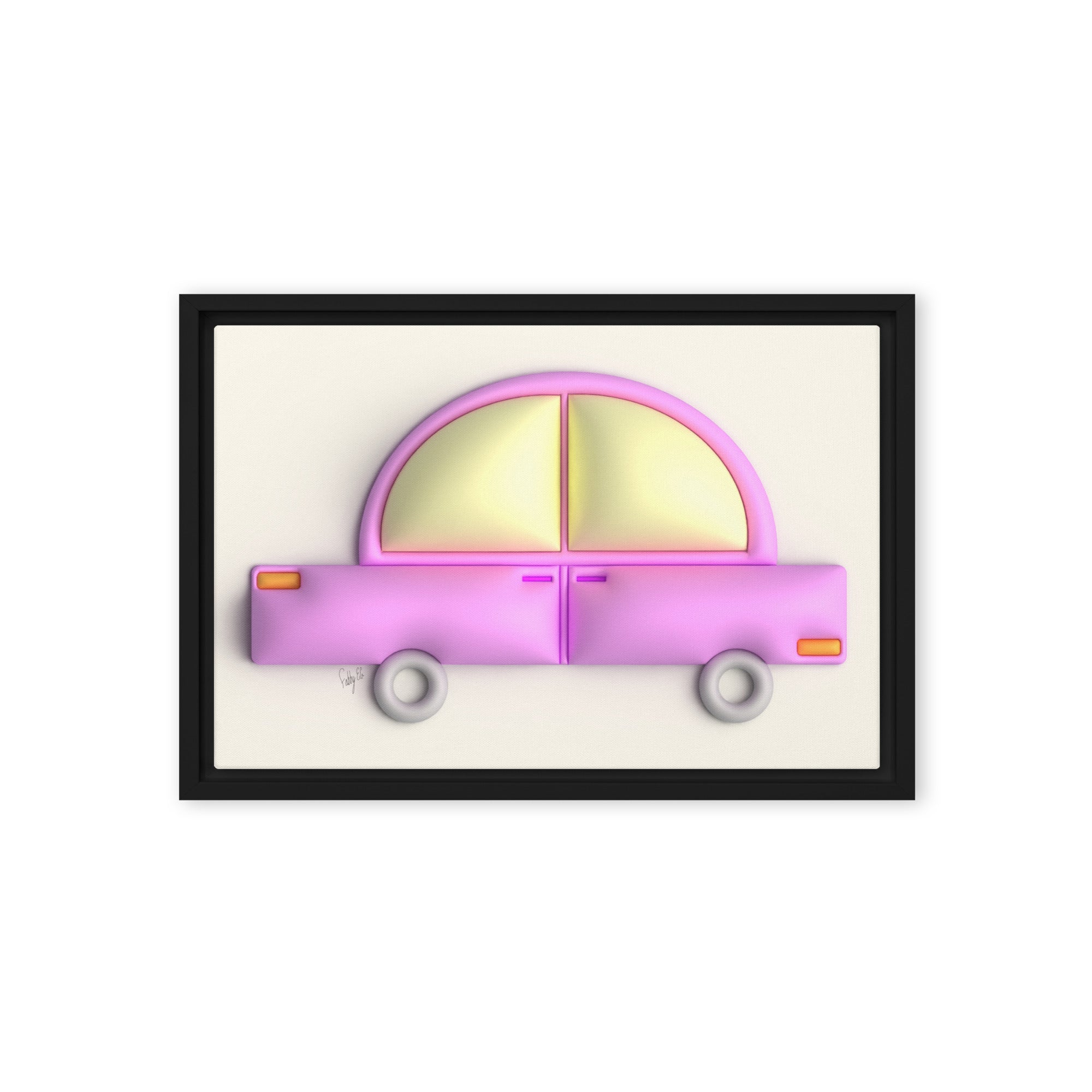 Pink car in yellow framed canvas
