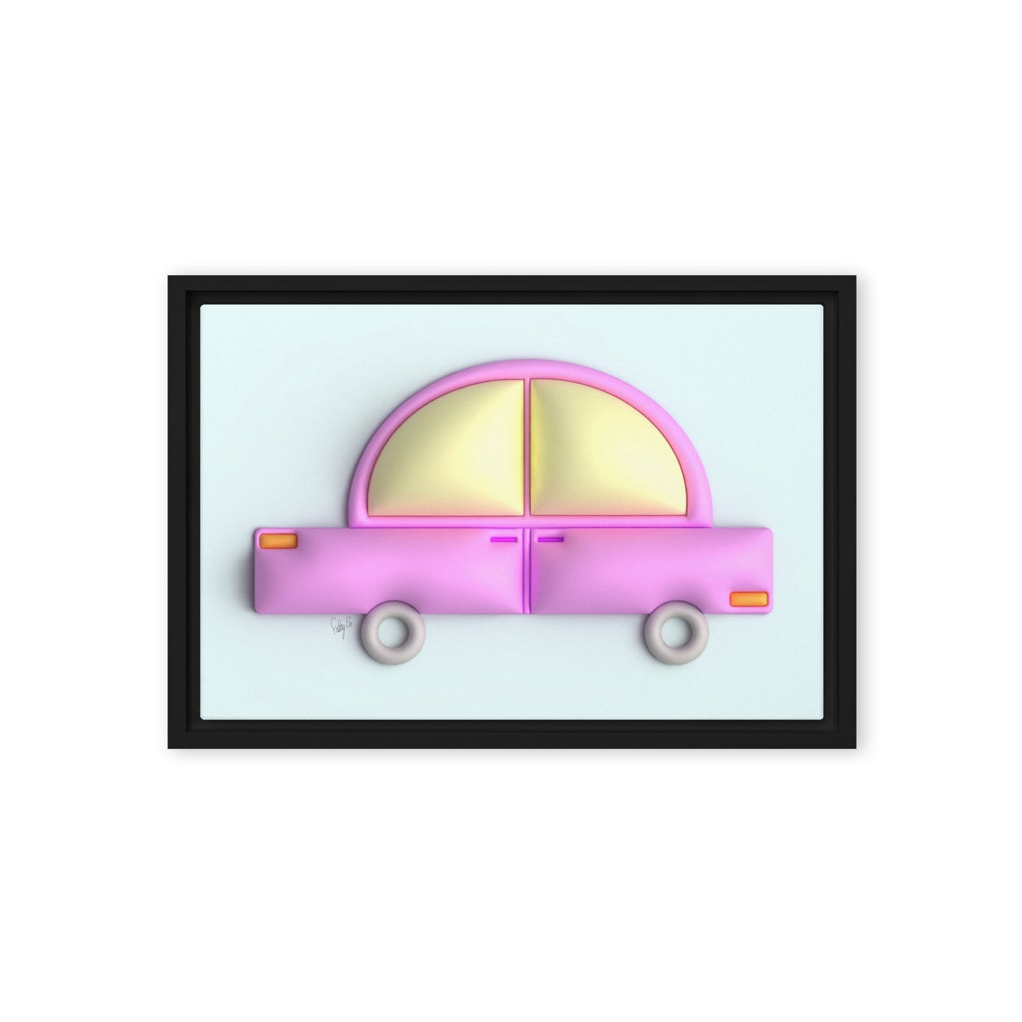 Pink car in blue framed canvas