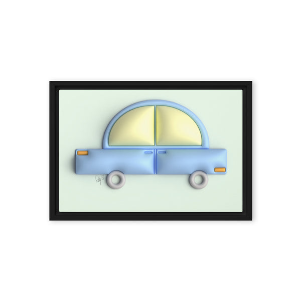 Blue car in green framed canvas