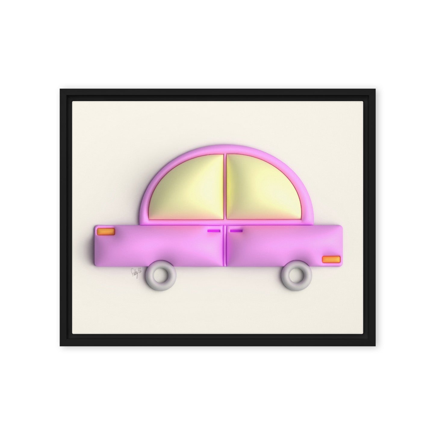 Pink car in yellow framed canvas