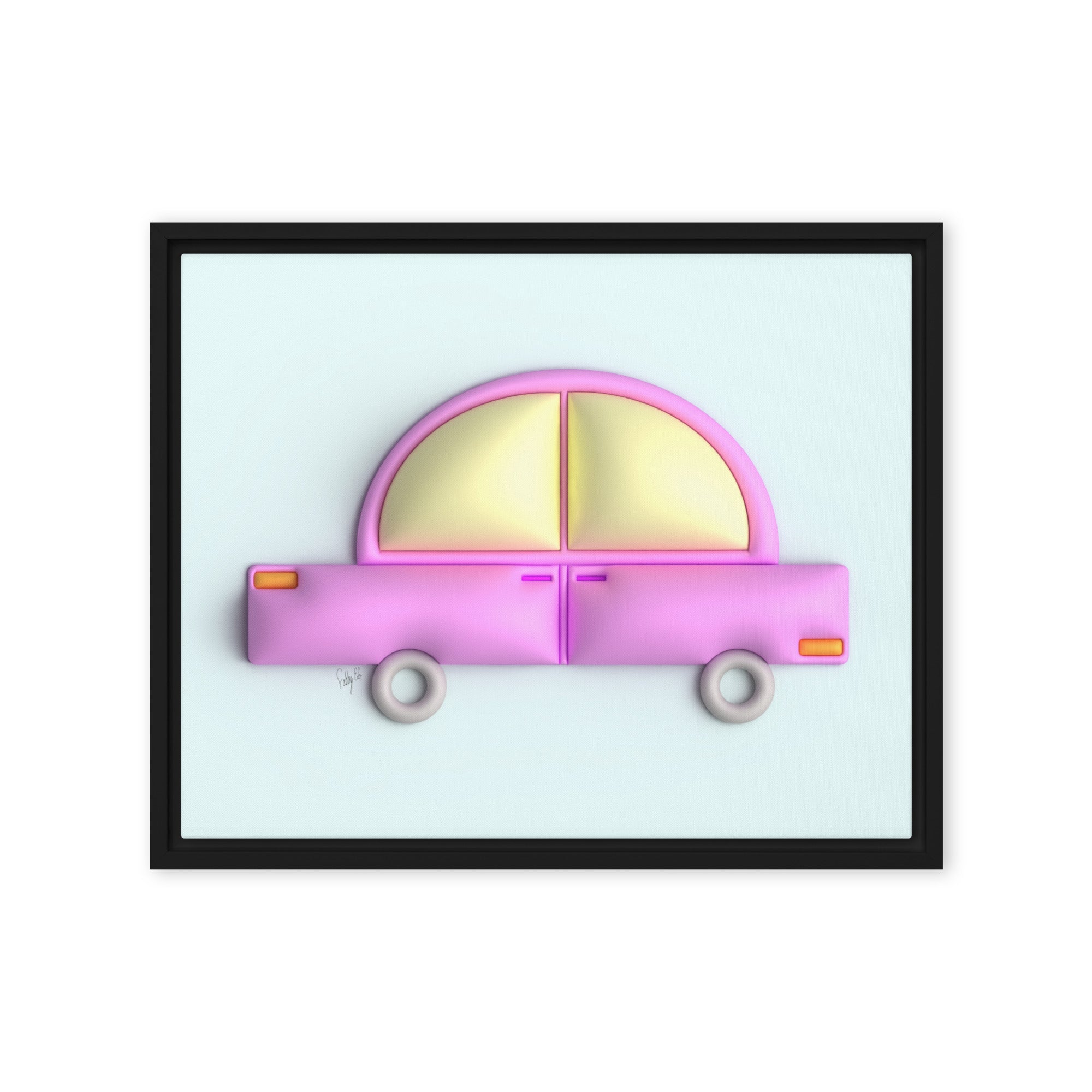Pink car in blue framed canvas