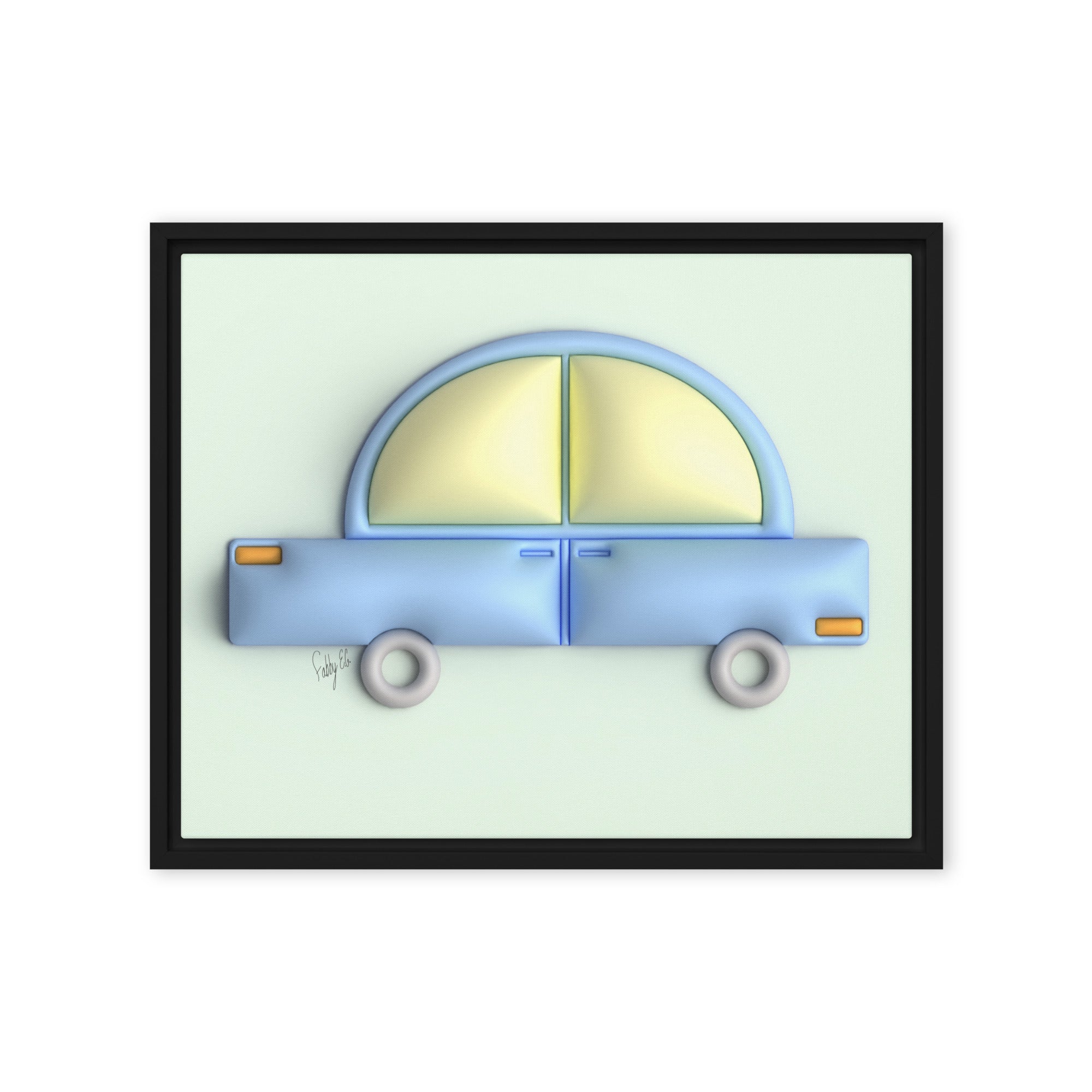 Blue car in green framed canvas