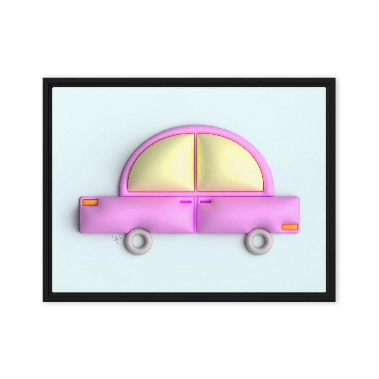 Pink car in blue framed canvas