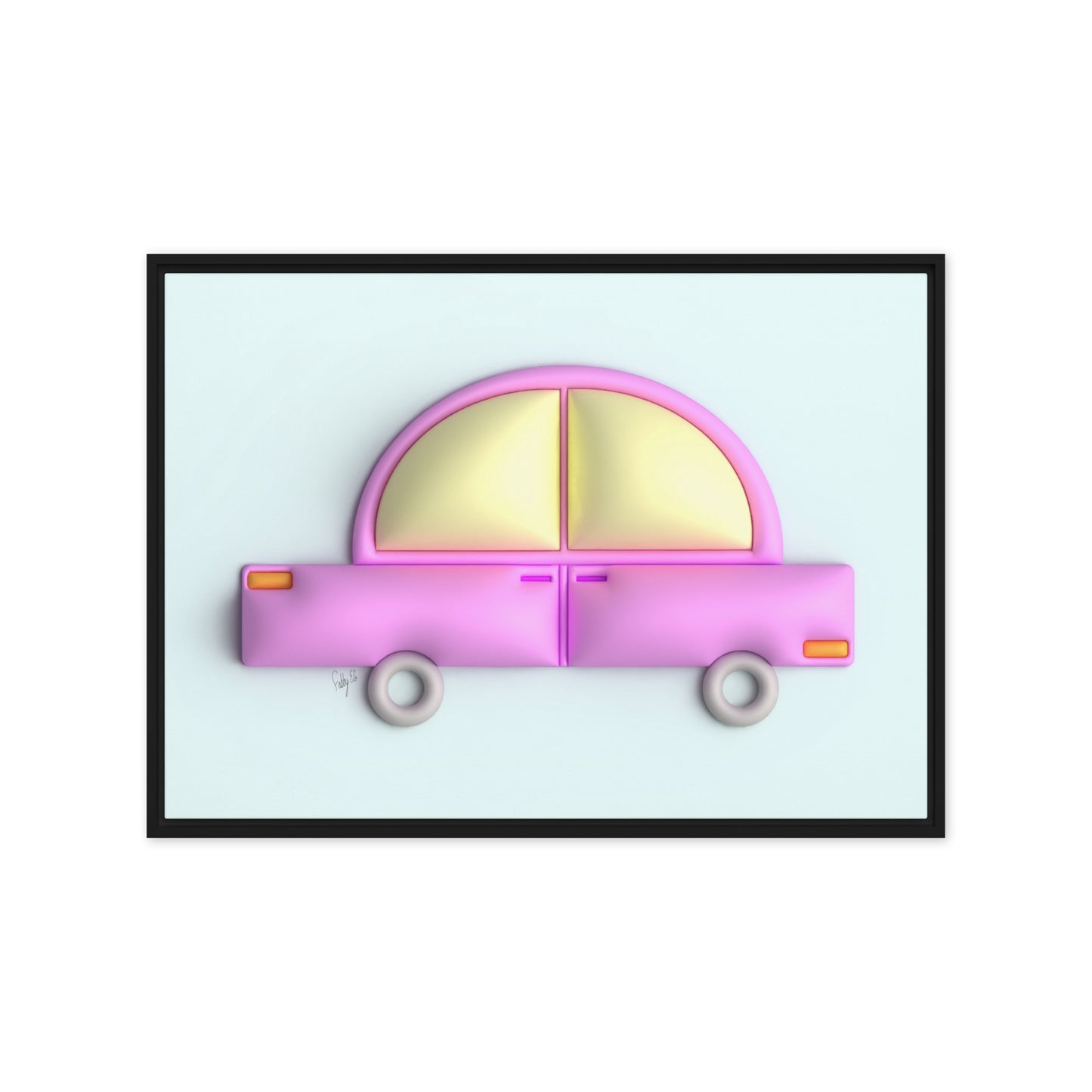 Pink car in blue framed canvas