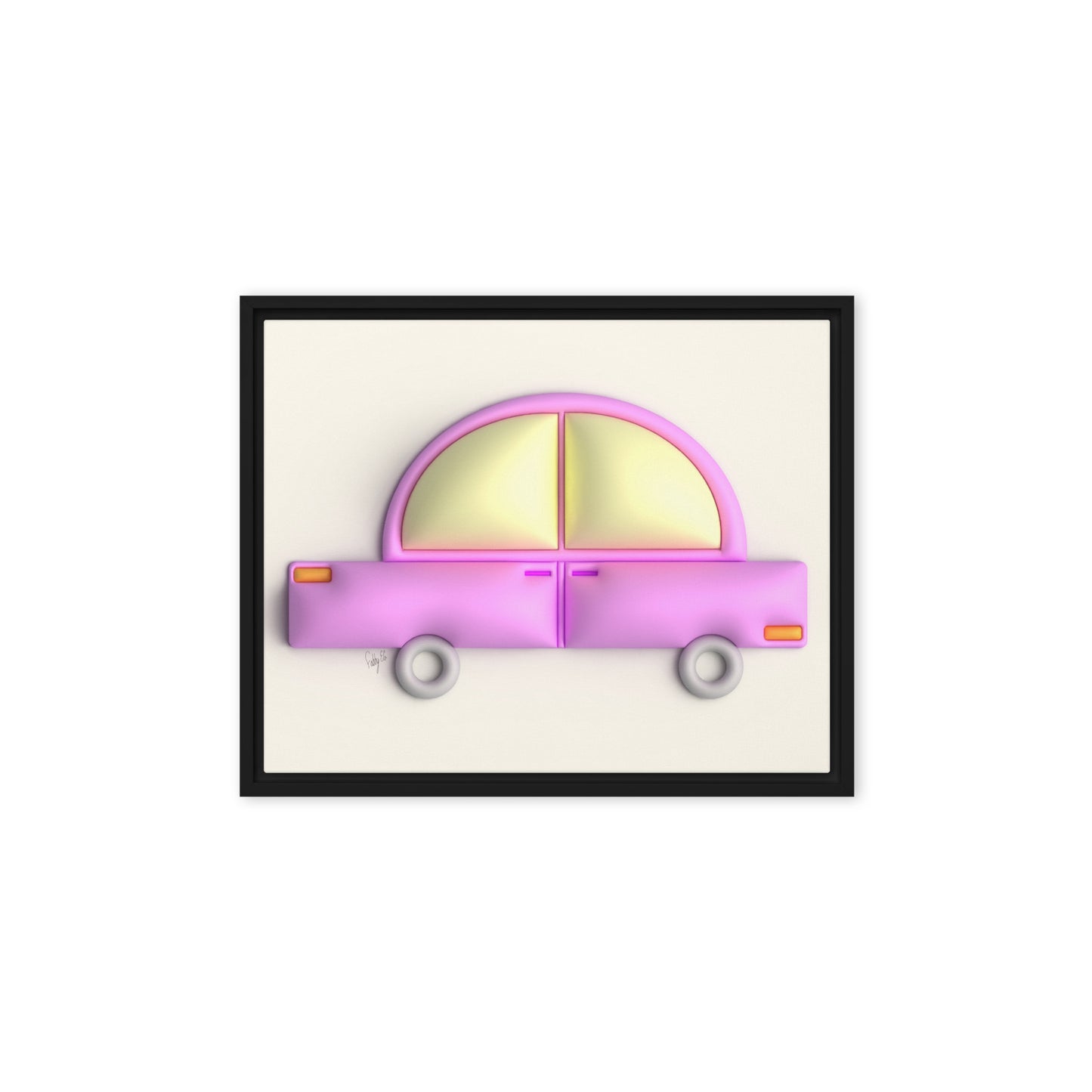 Pink car in yellow framed canvas