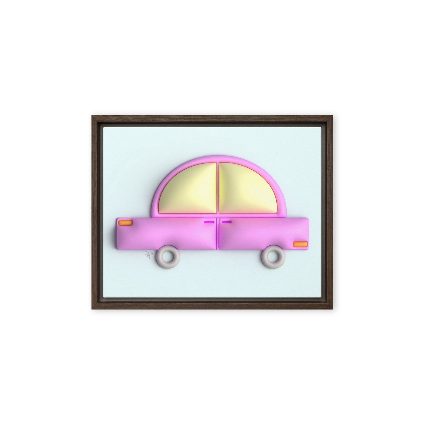 Pink car in blue framed canvas