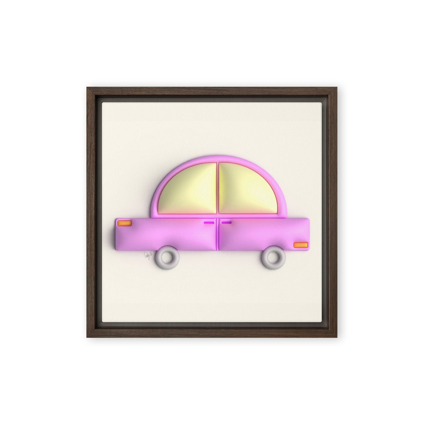 Pink car in yellow framed canvas