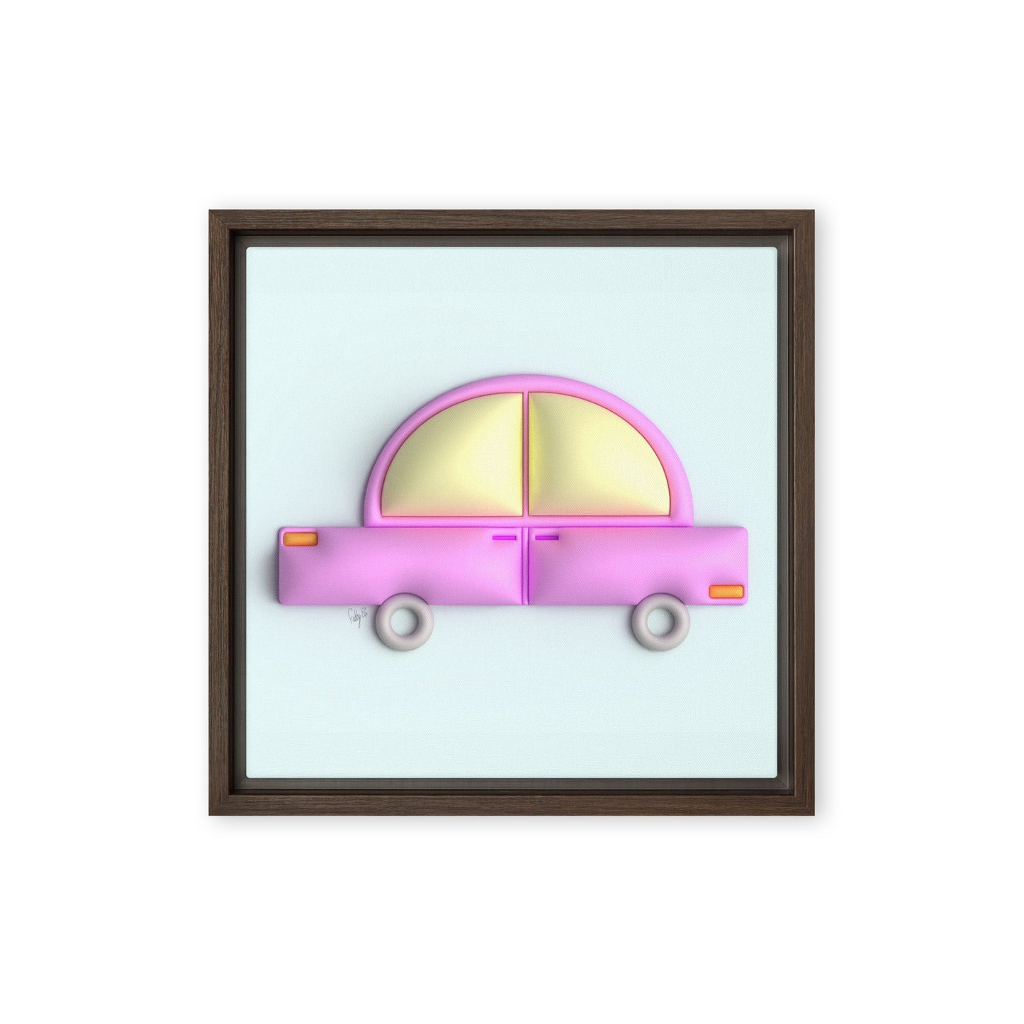 Pink car in blue framed canvas