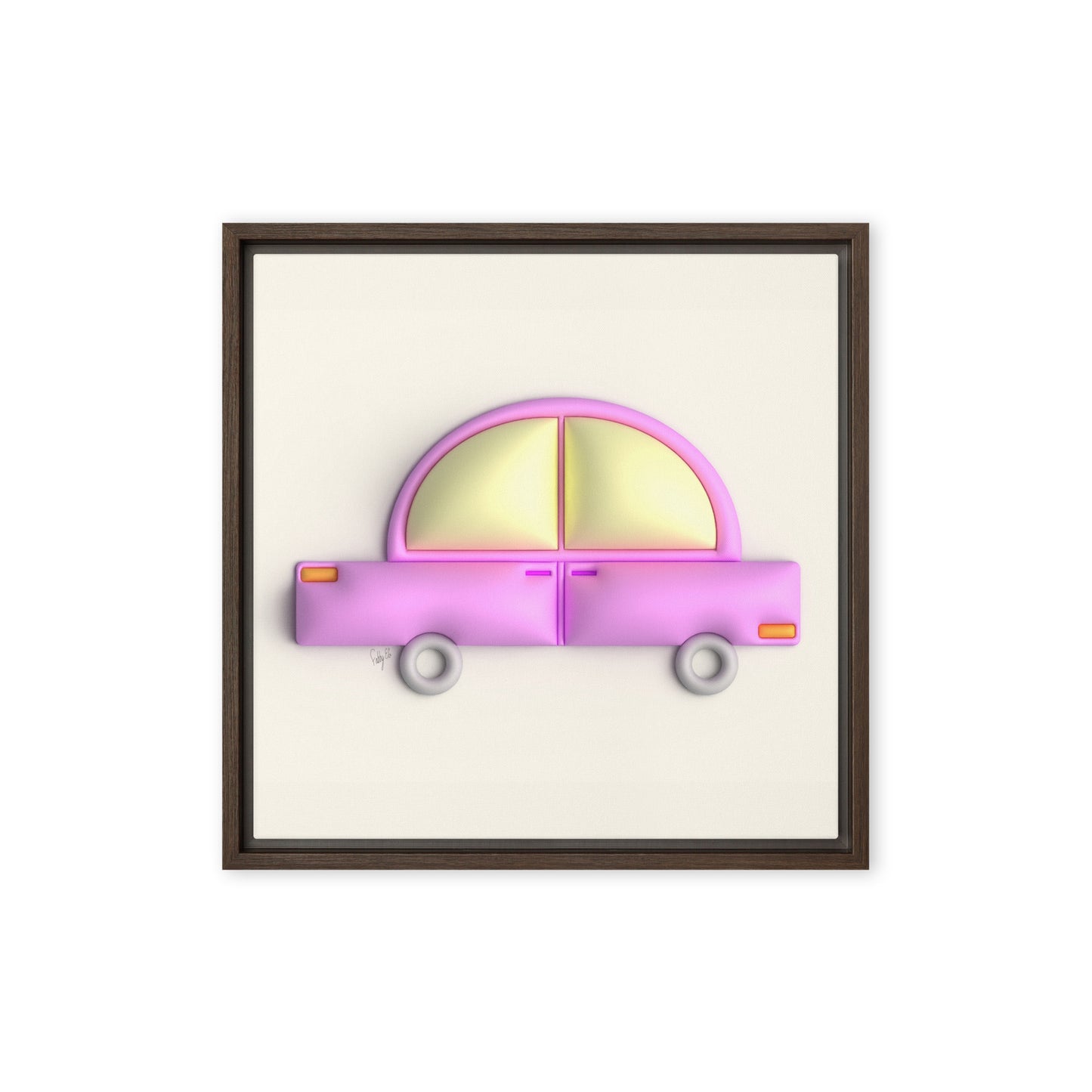 Pink car in yellow framed canvas