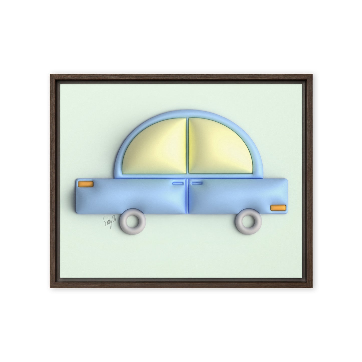 Blue car in green framed canvas