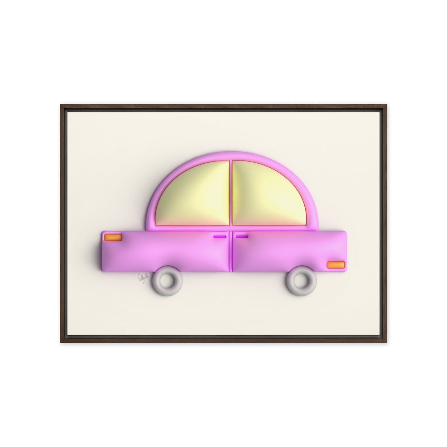 Pink car in yellow framed canvas