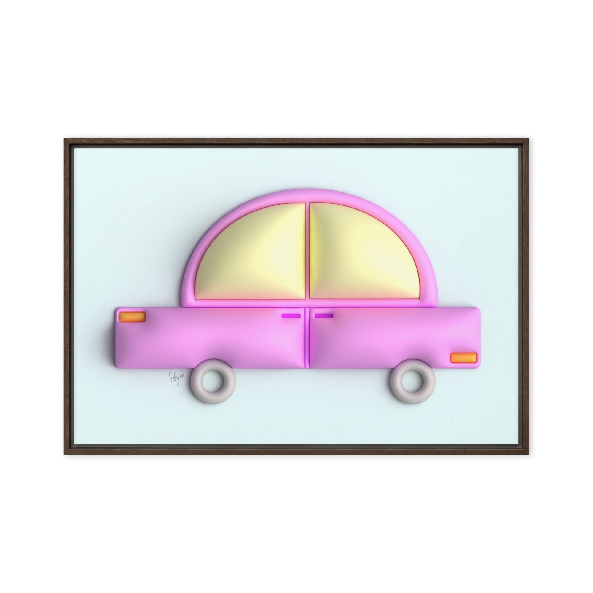 Pink car in blue framed canvas