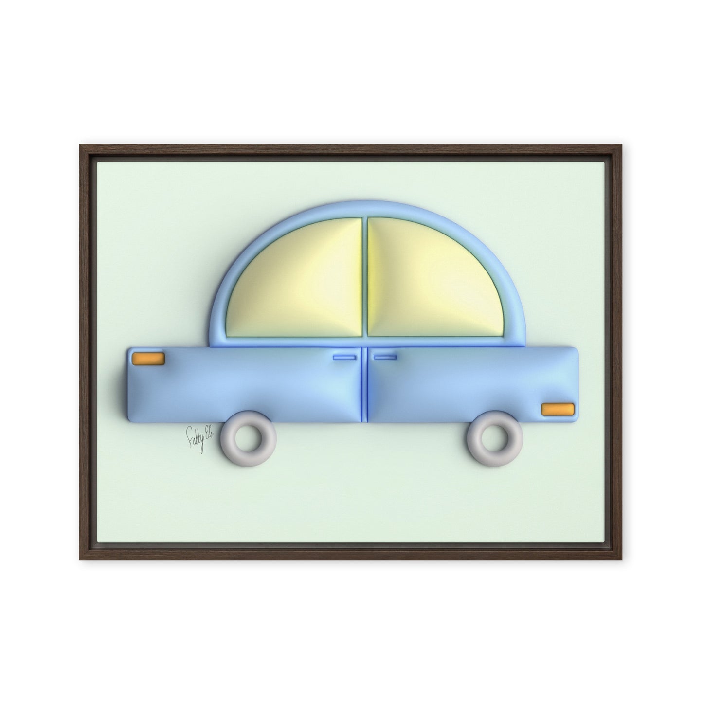 Blue car in green framed canvas