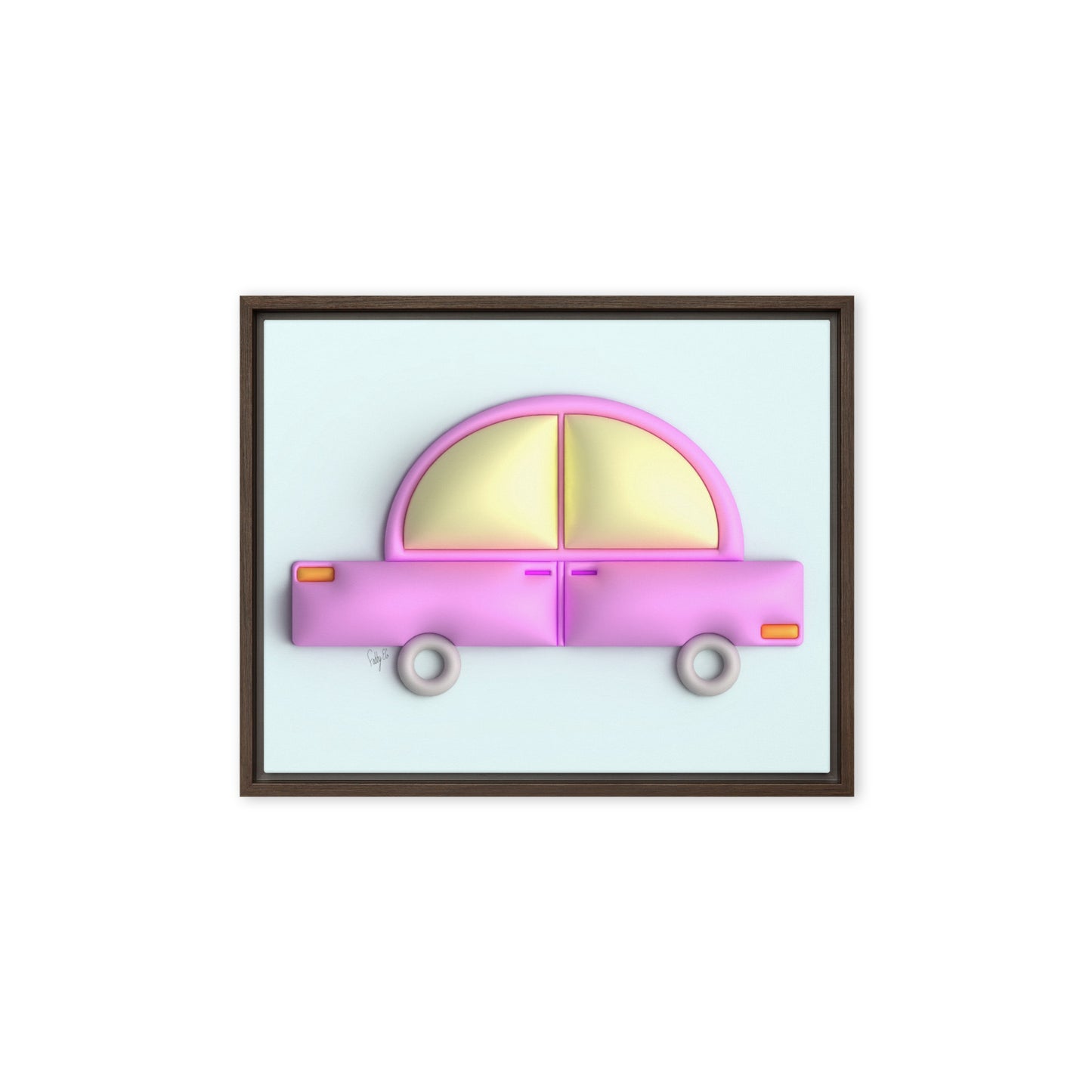 Pink car in blue framed canvas