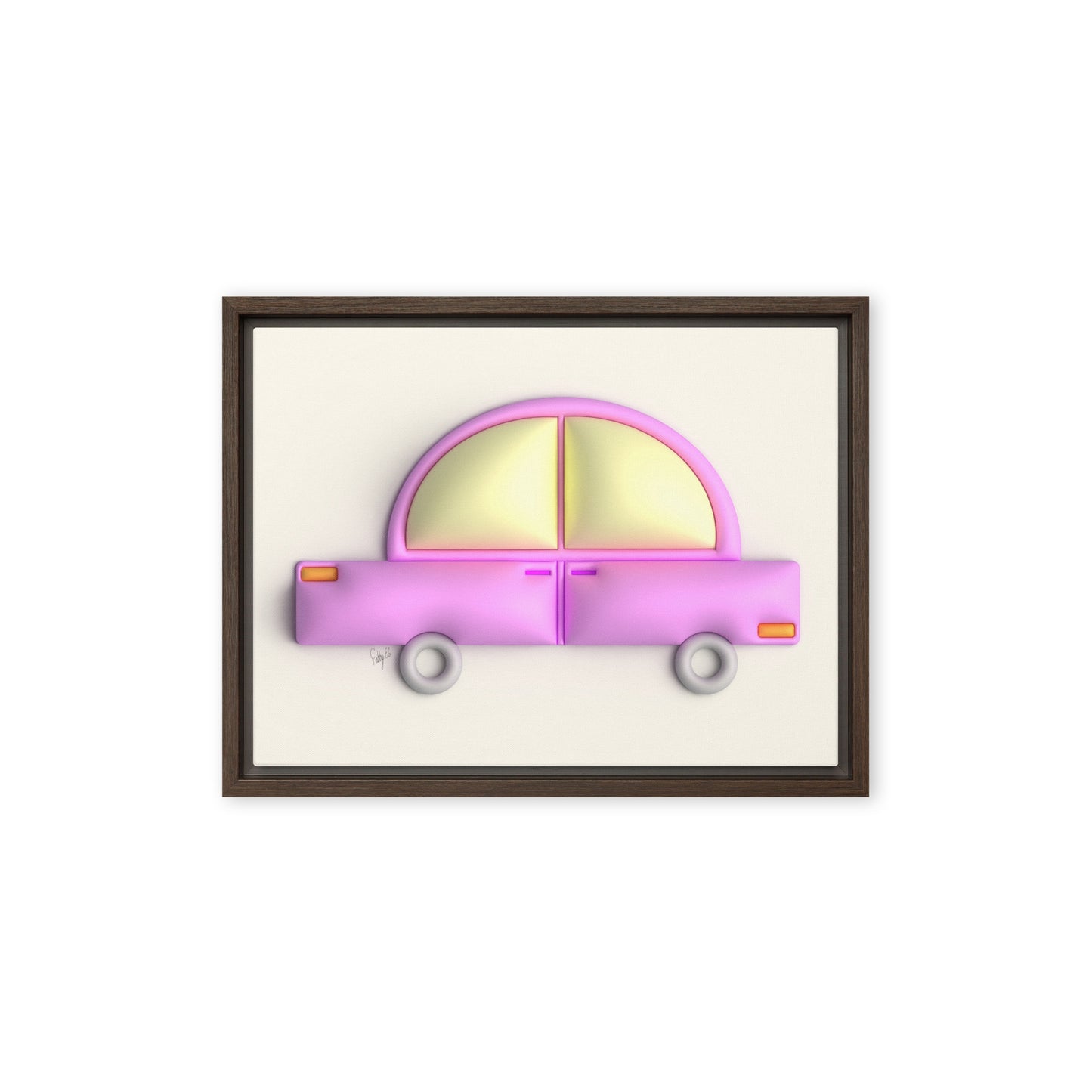 Pink car in yellow framed canvas