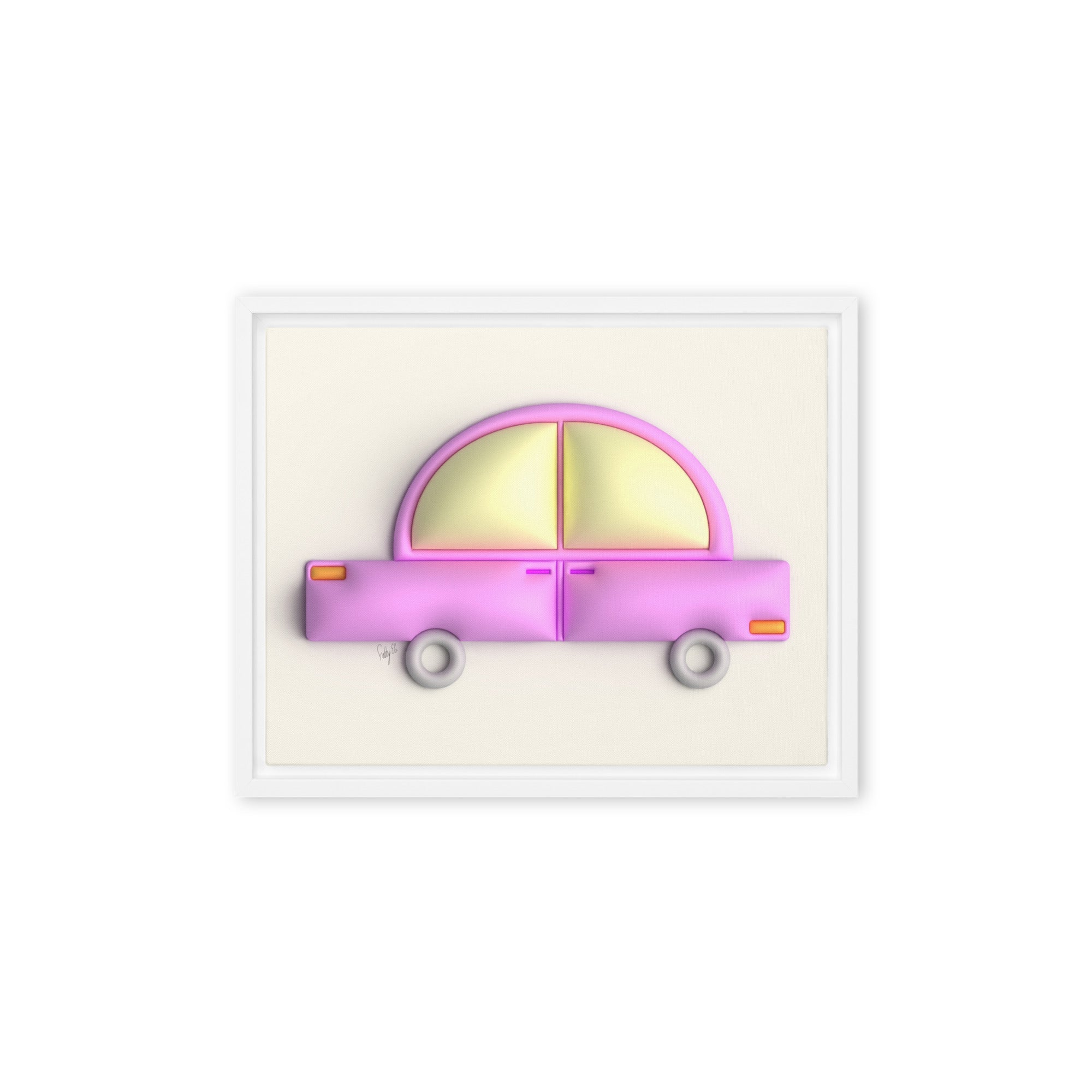 Pink car in yellow framed canvas
