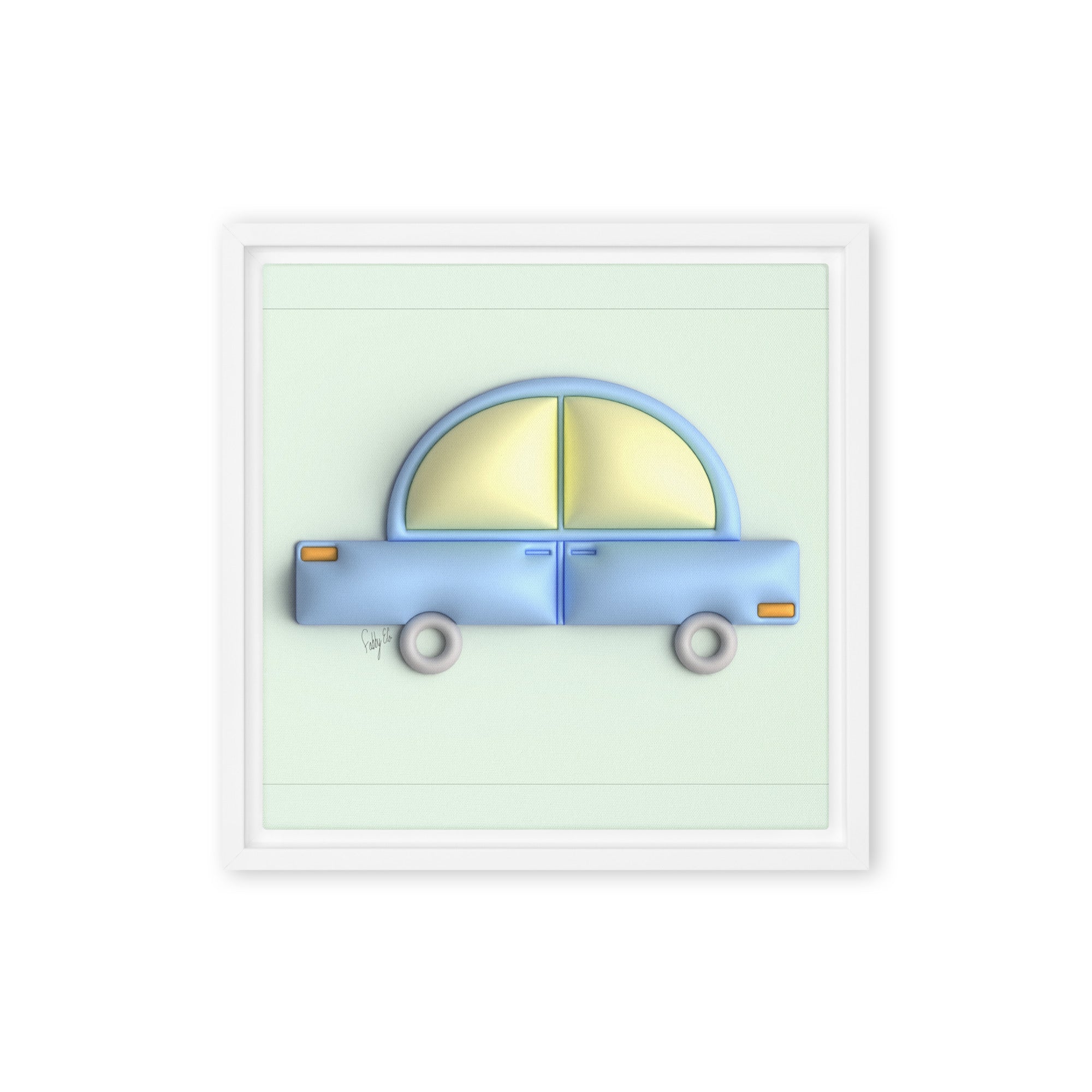 Blue car in green framed canvas