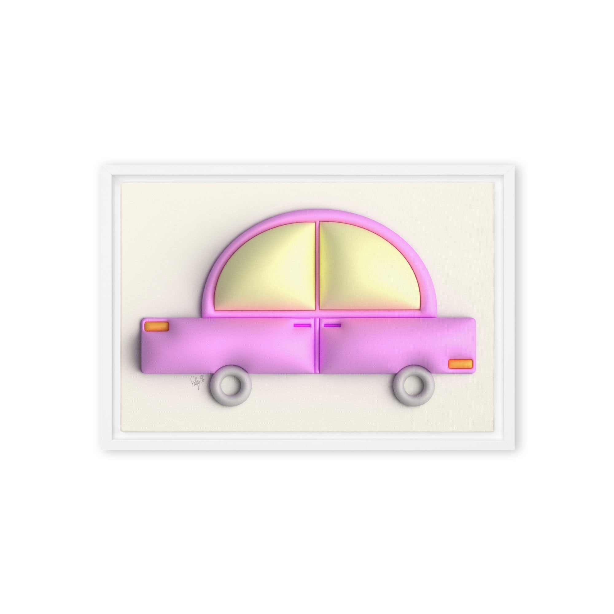 Pink car in yellow framed canvas