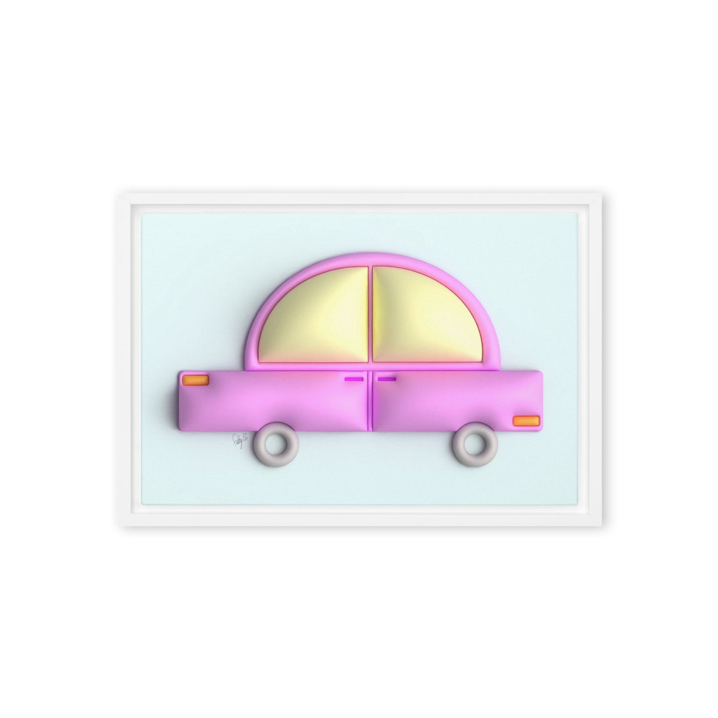 Pink car in blue framed canvas