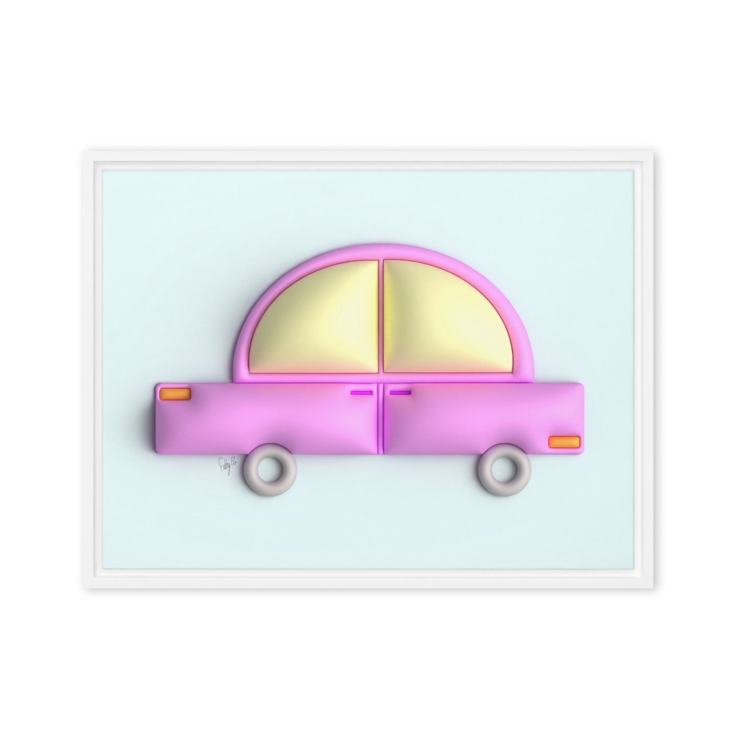 Pink car in blue framed canvas