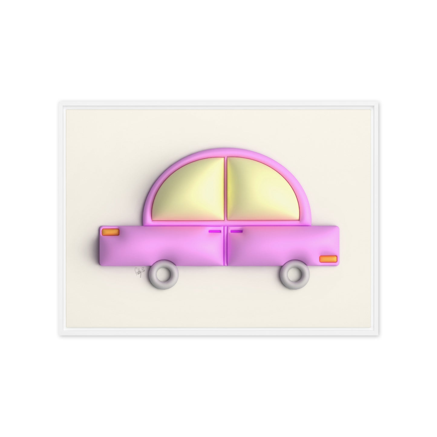 Pink car in yellow framed canvas