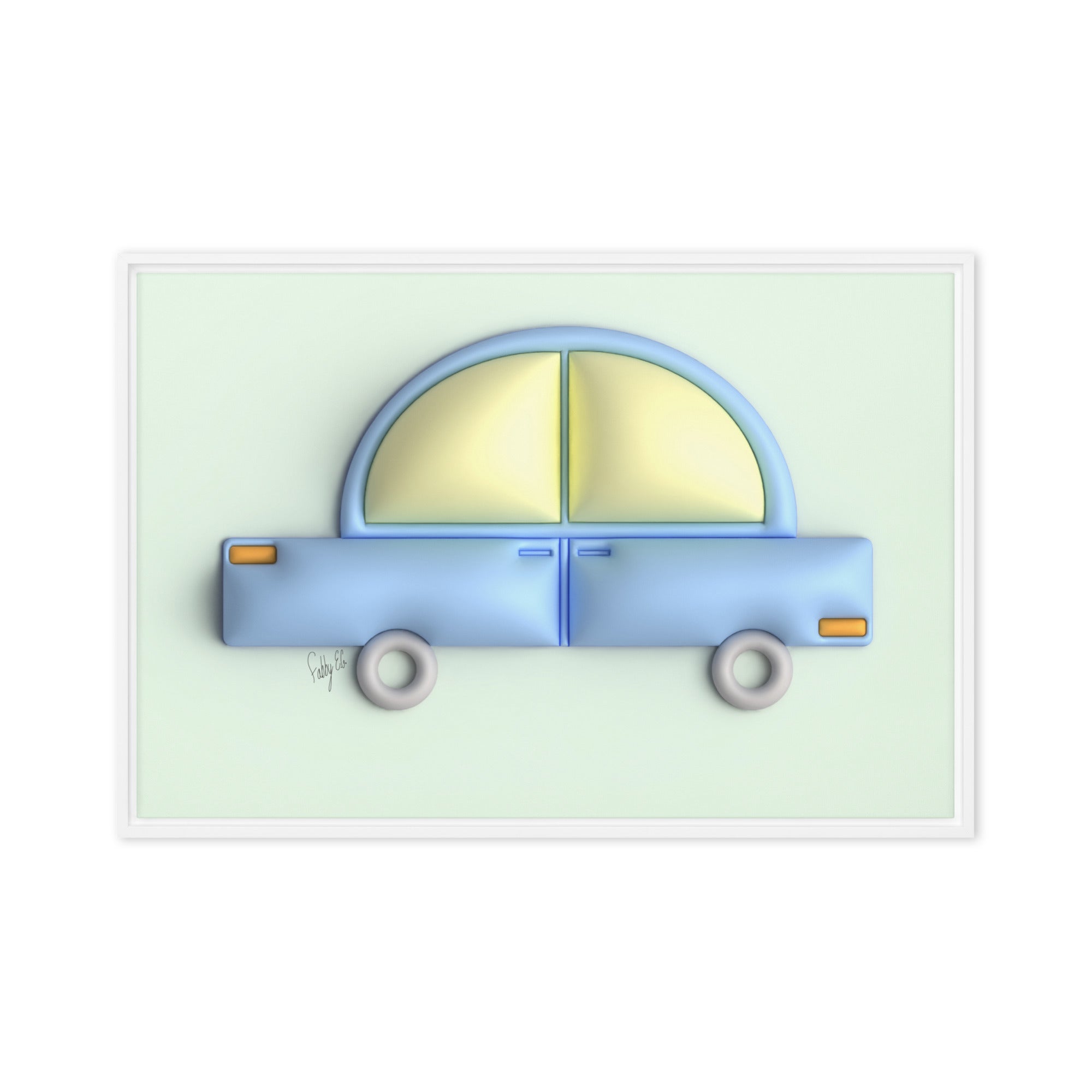 Blue car in green framed canvas