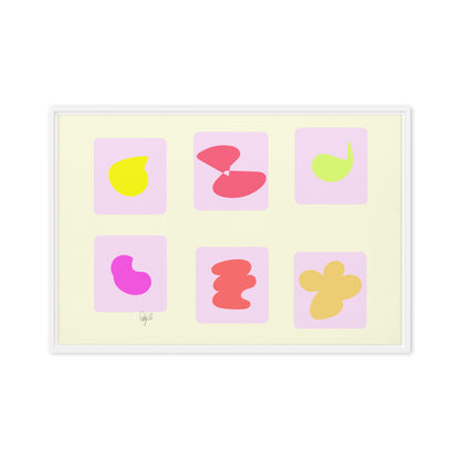 Pink squares in motion framed canvas