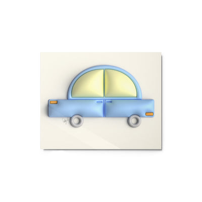 Blue car in yellow metal prints