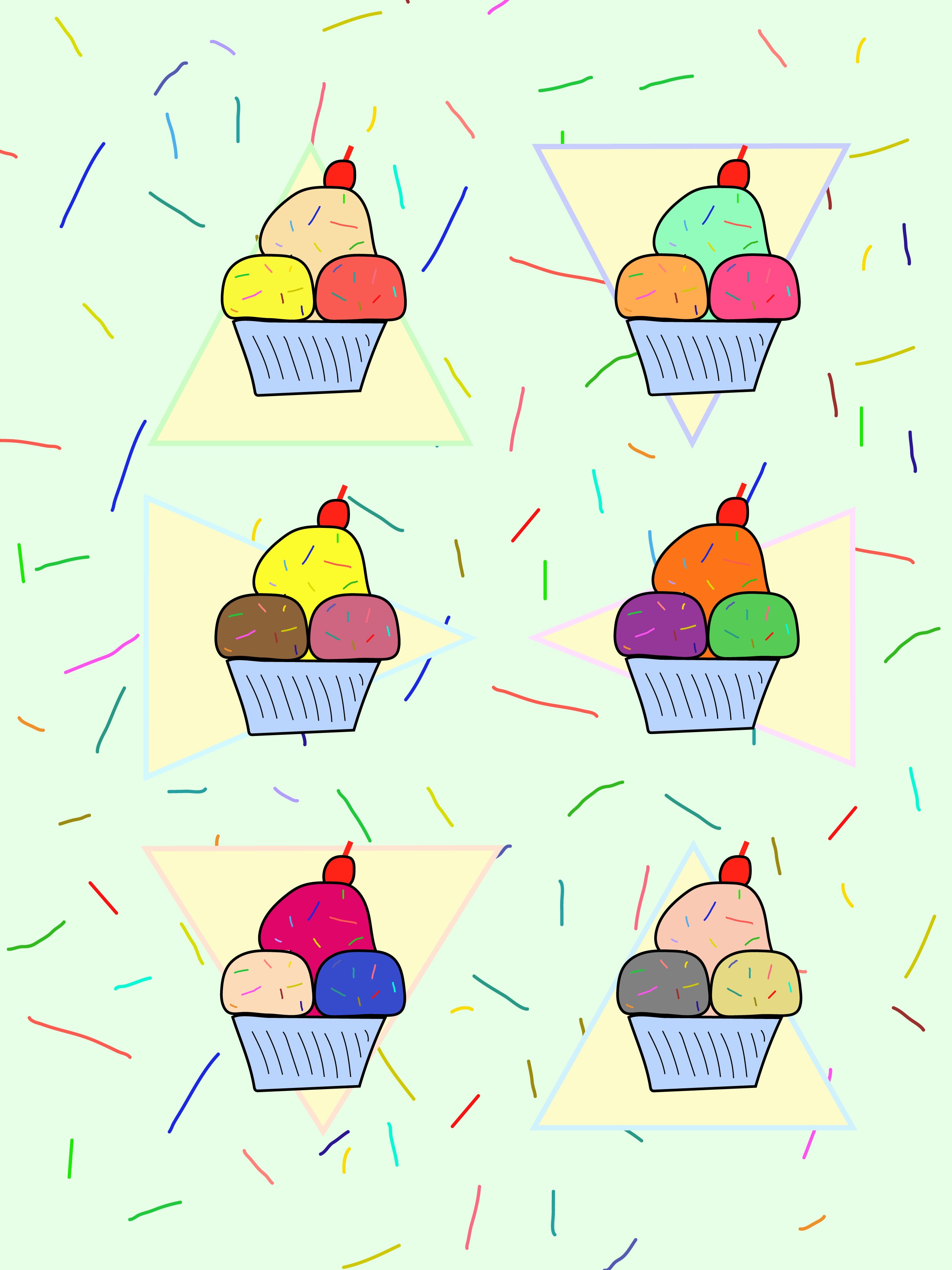Six ice cream cups of three different flavors each and a cherry on top, behind is a yellow triangle, and the background is green with colorful small pattern lines.