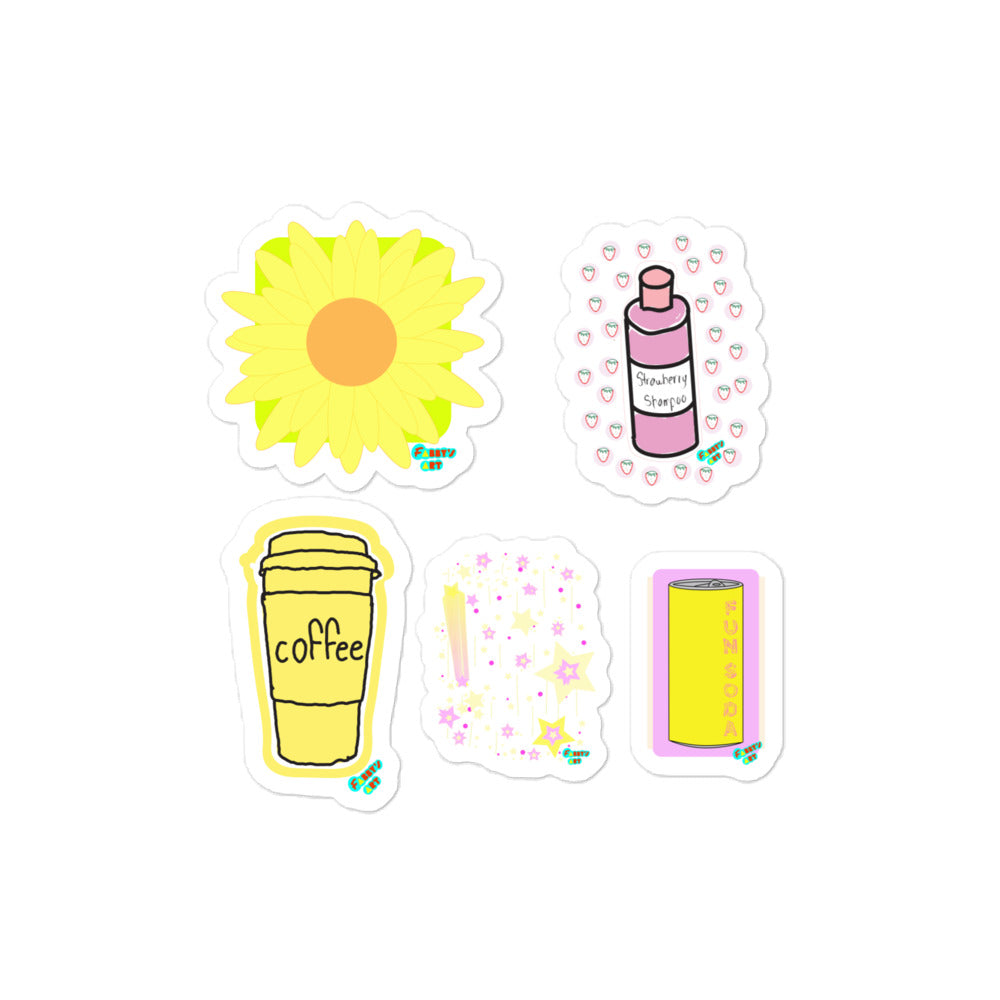 Kiss-Cut Stickers Group Designs 1: shampoo, coffee, sunflower, fun soda and stars