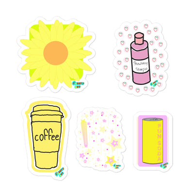Kiss-Cut Stickers Group Designs 1: shampoo, coffee, sunflower, fun soda and stars