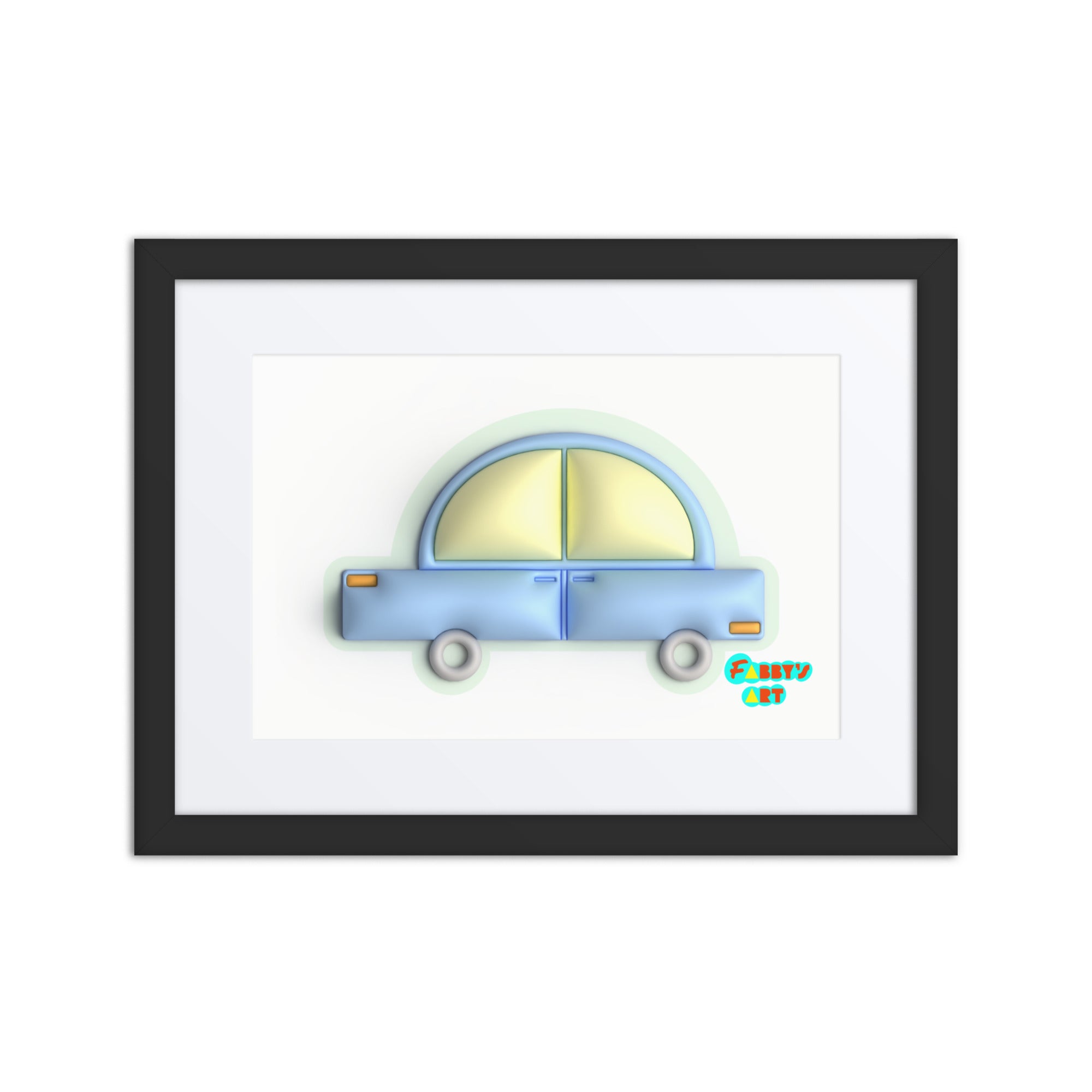 Blue car in green, Framed poster with Mat