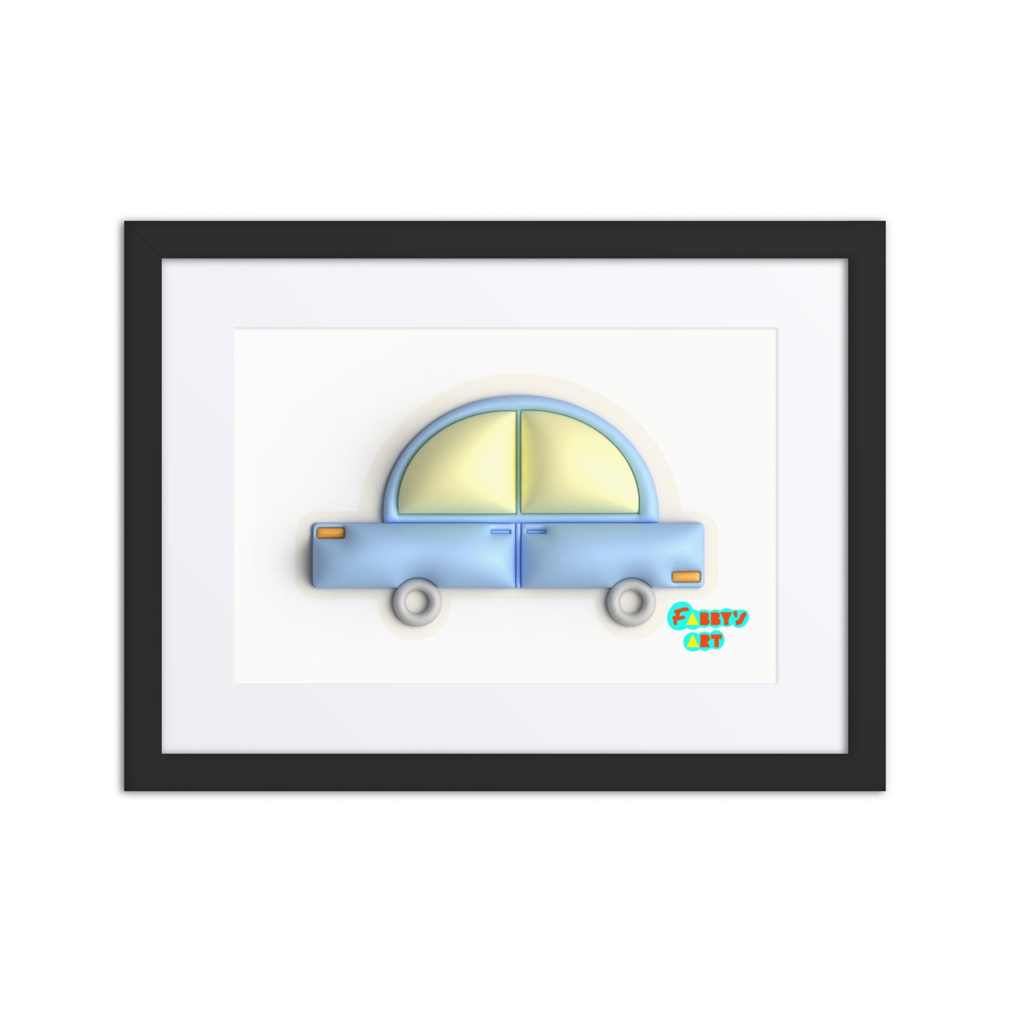 Blue car in yellow, Framed poster with Mat