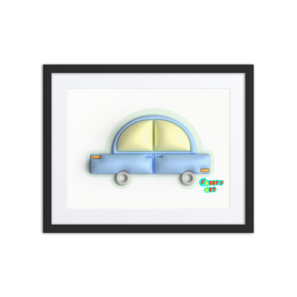 Blue car in green, Framed poster with Mat