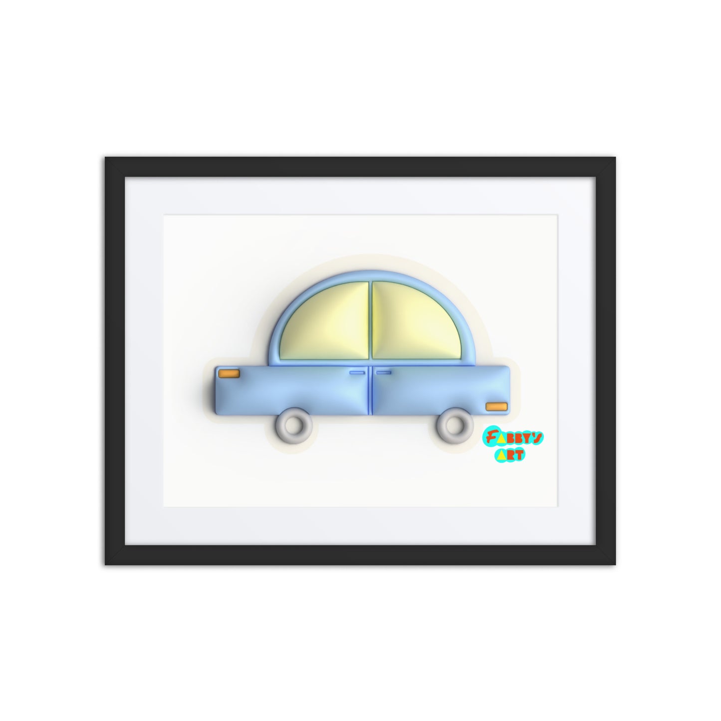 Blue car in yellow, Framed poster with Mat