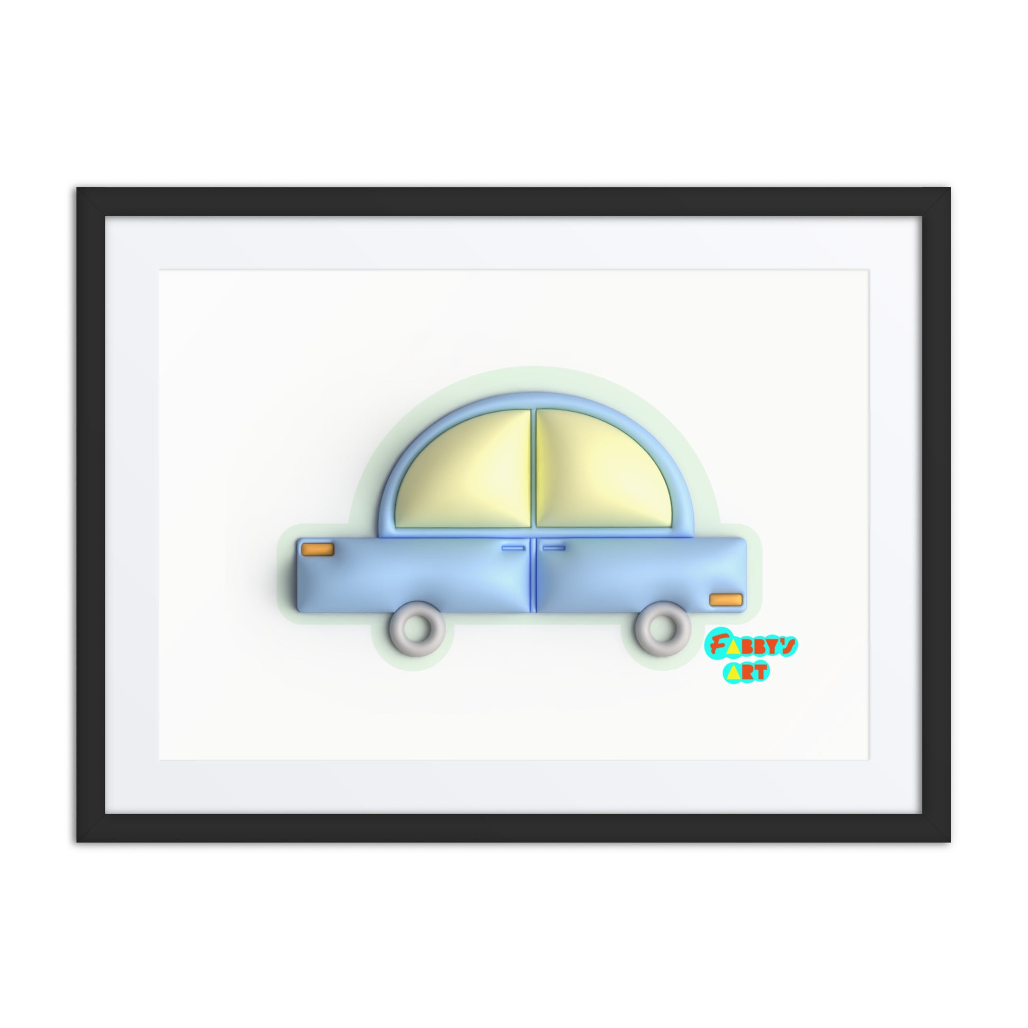 Blue car in green, Framed poster with Mat