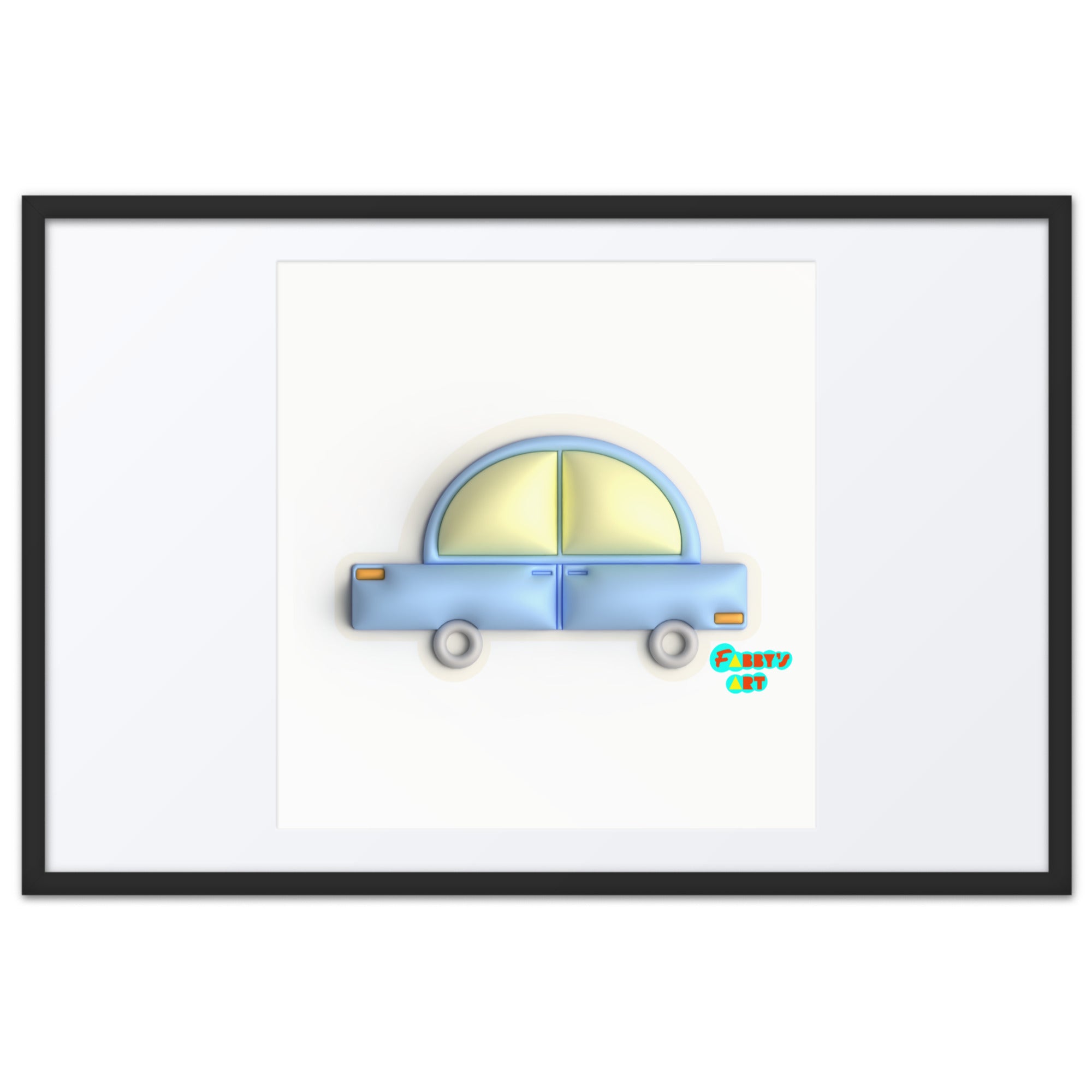 Blue car in yellow, Framed poster with Mat