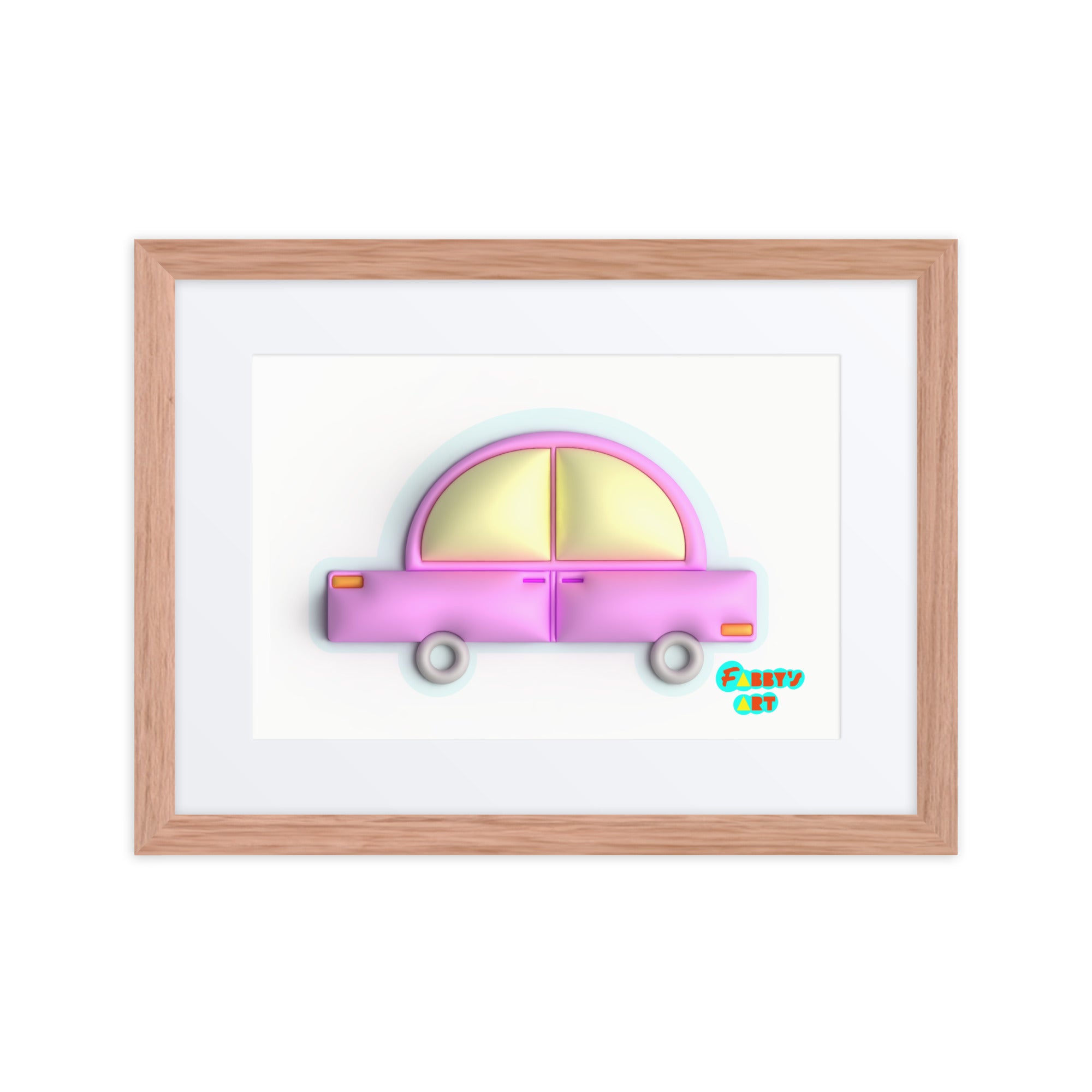 Pink car in blue, Framed poster with Mat