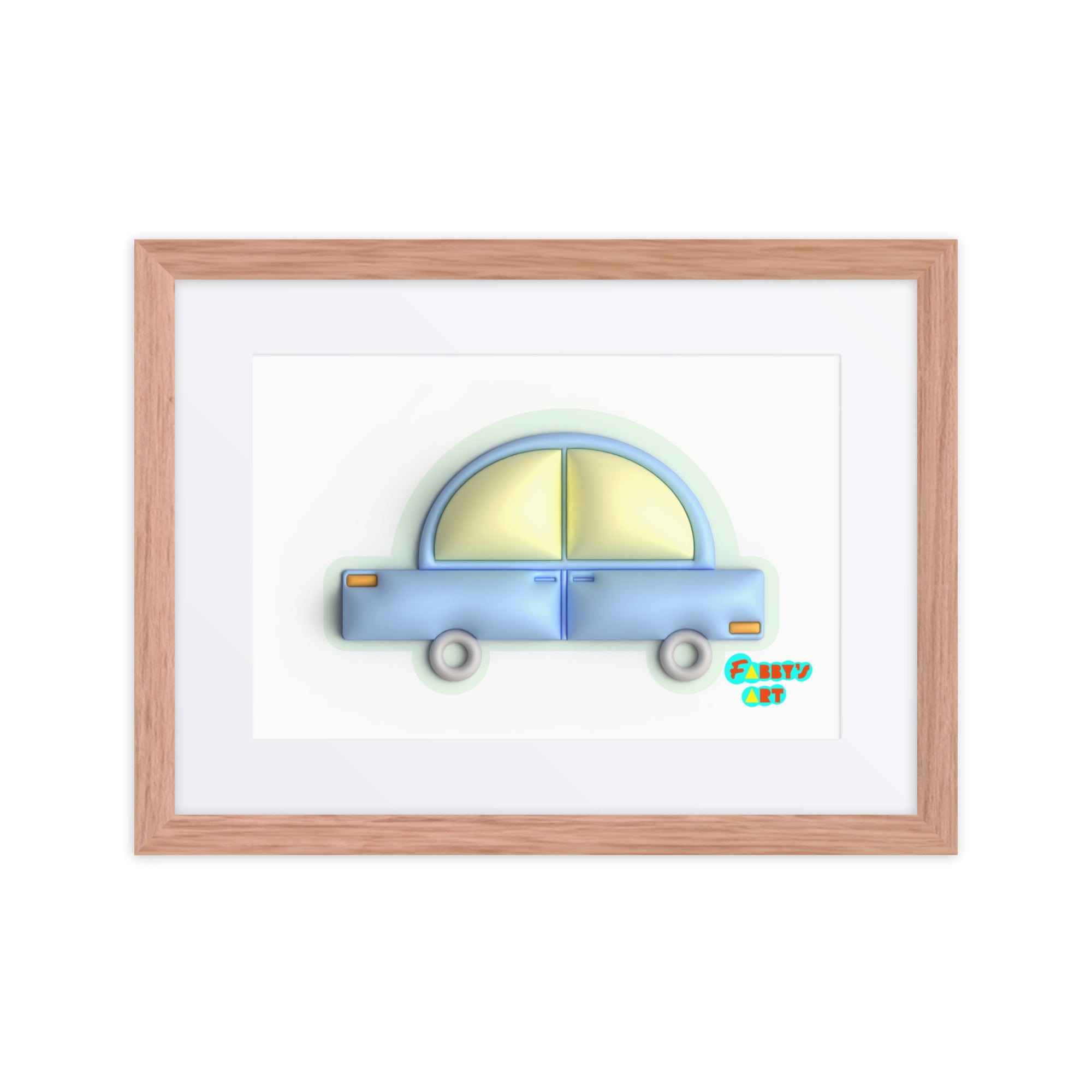 Blue car in green, Framed poster with Mat