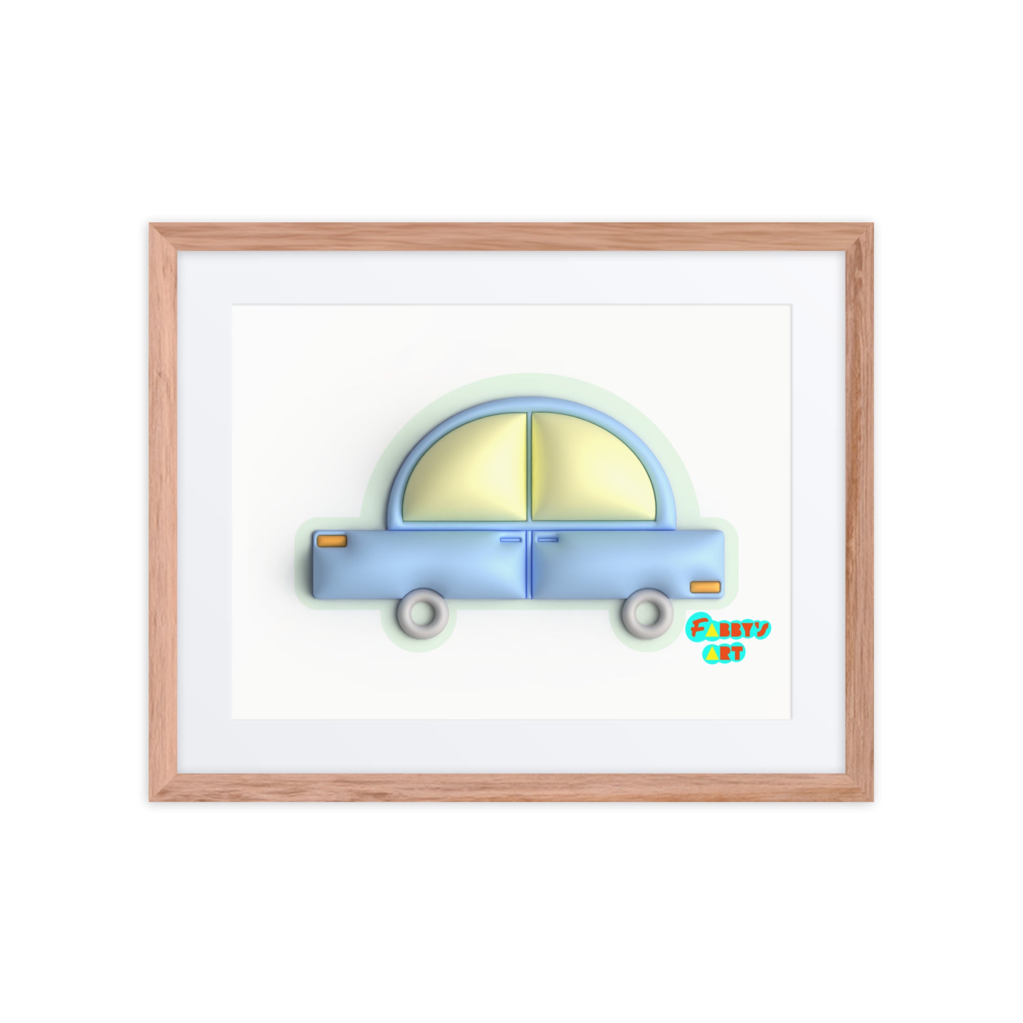 Blue car in green, Framed poster with Mat