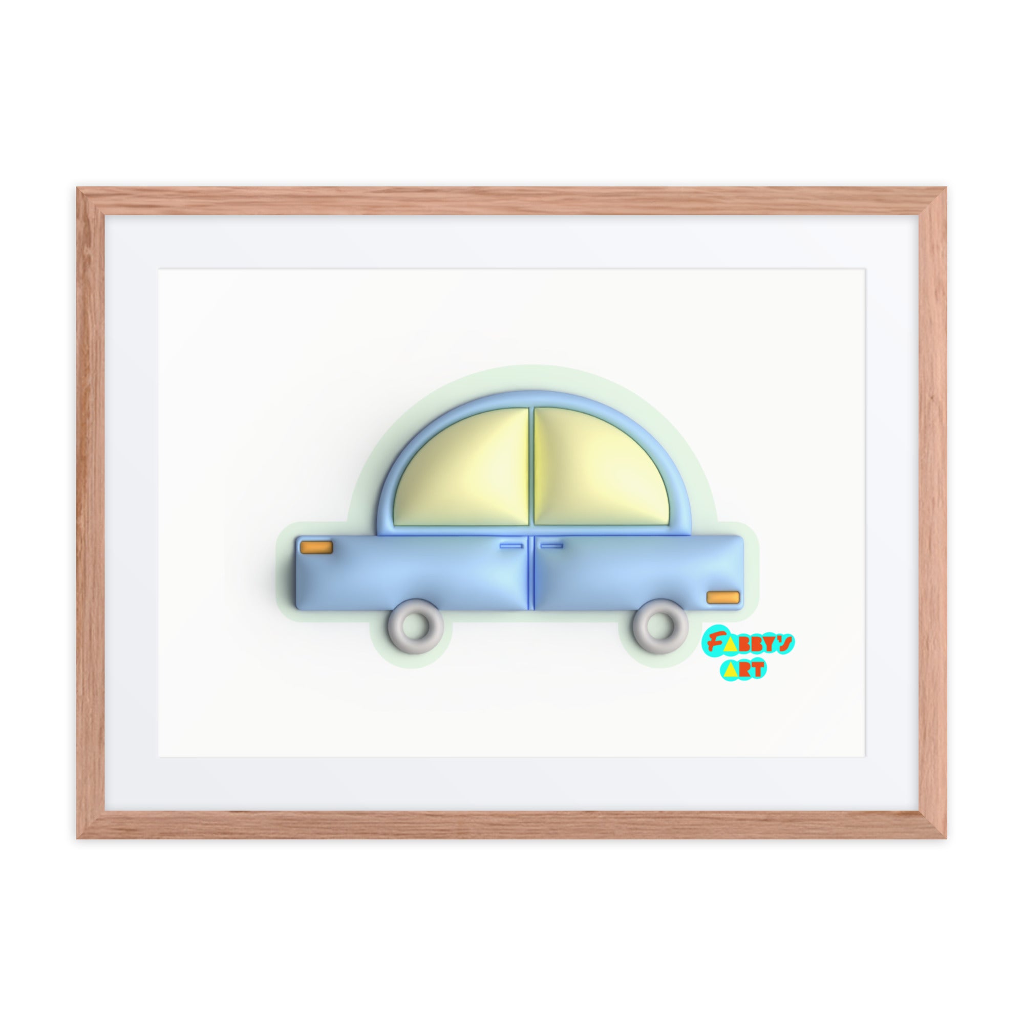Blue car in green, Framed poster with Mat
