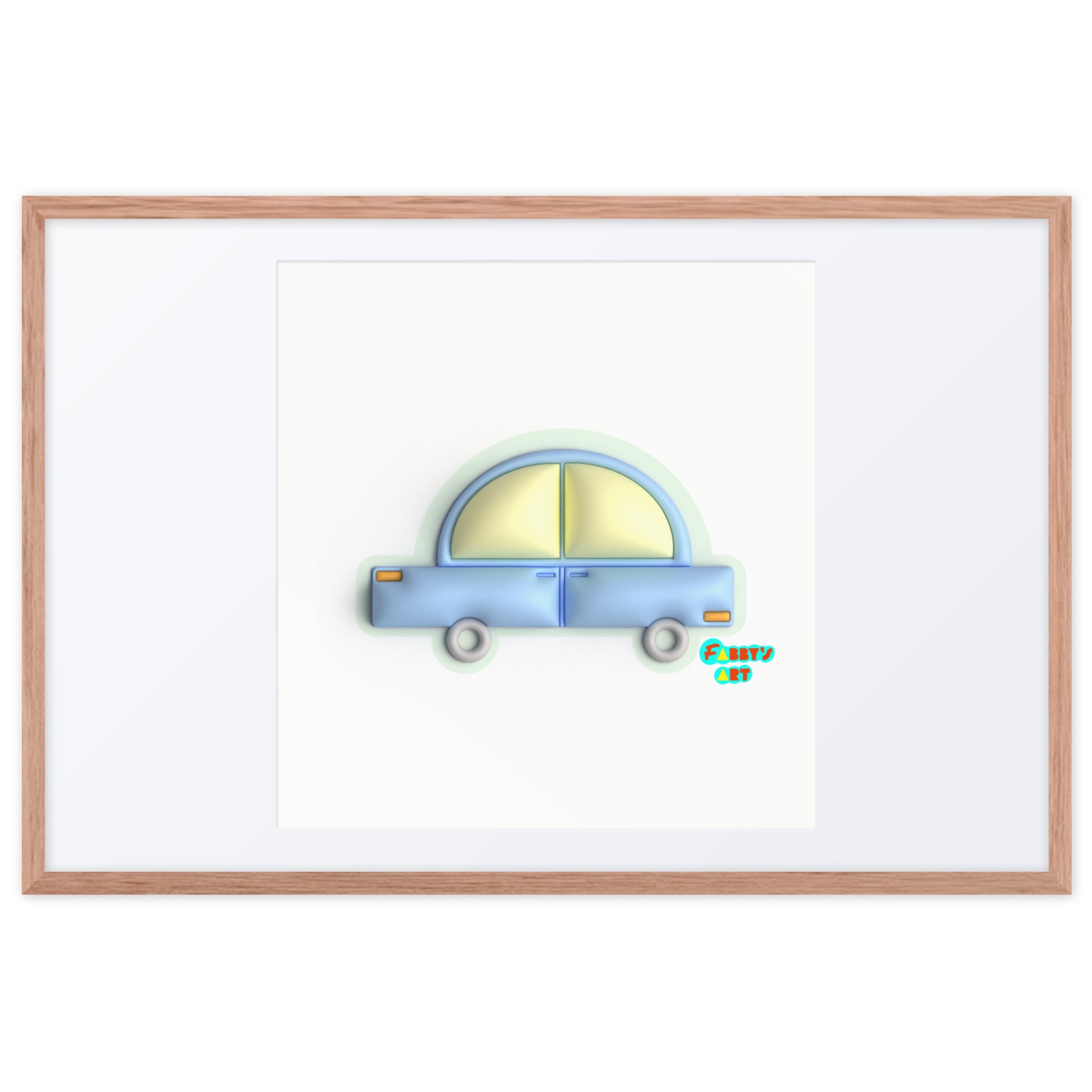 Blue car in green, Framed poster with Mat