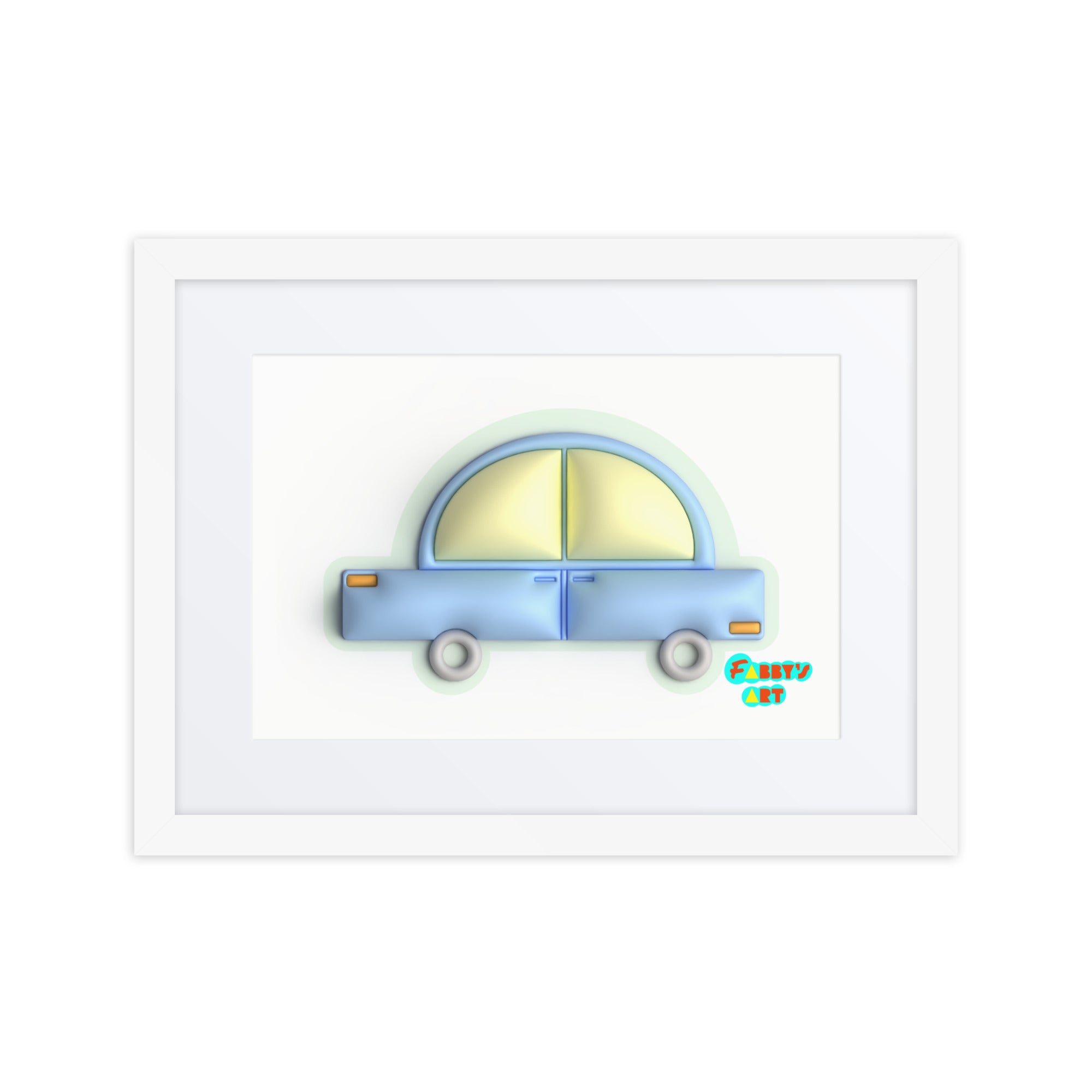 Blue car in green, Framed poster with Mat